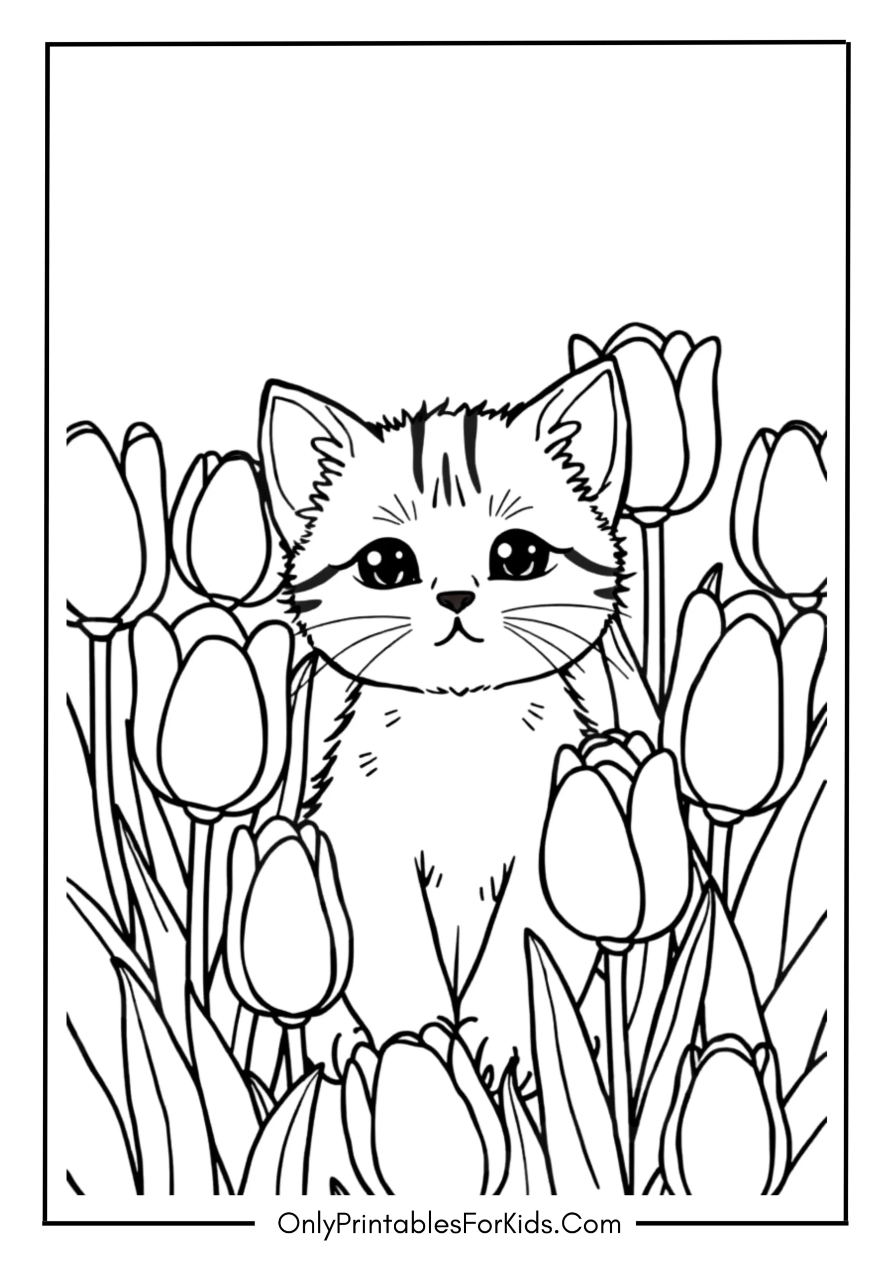 Adorable Kitten Surrounded by Tulips