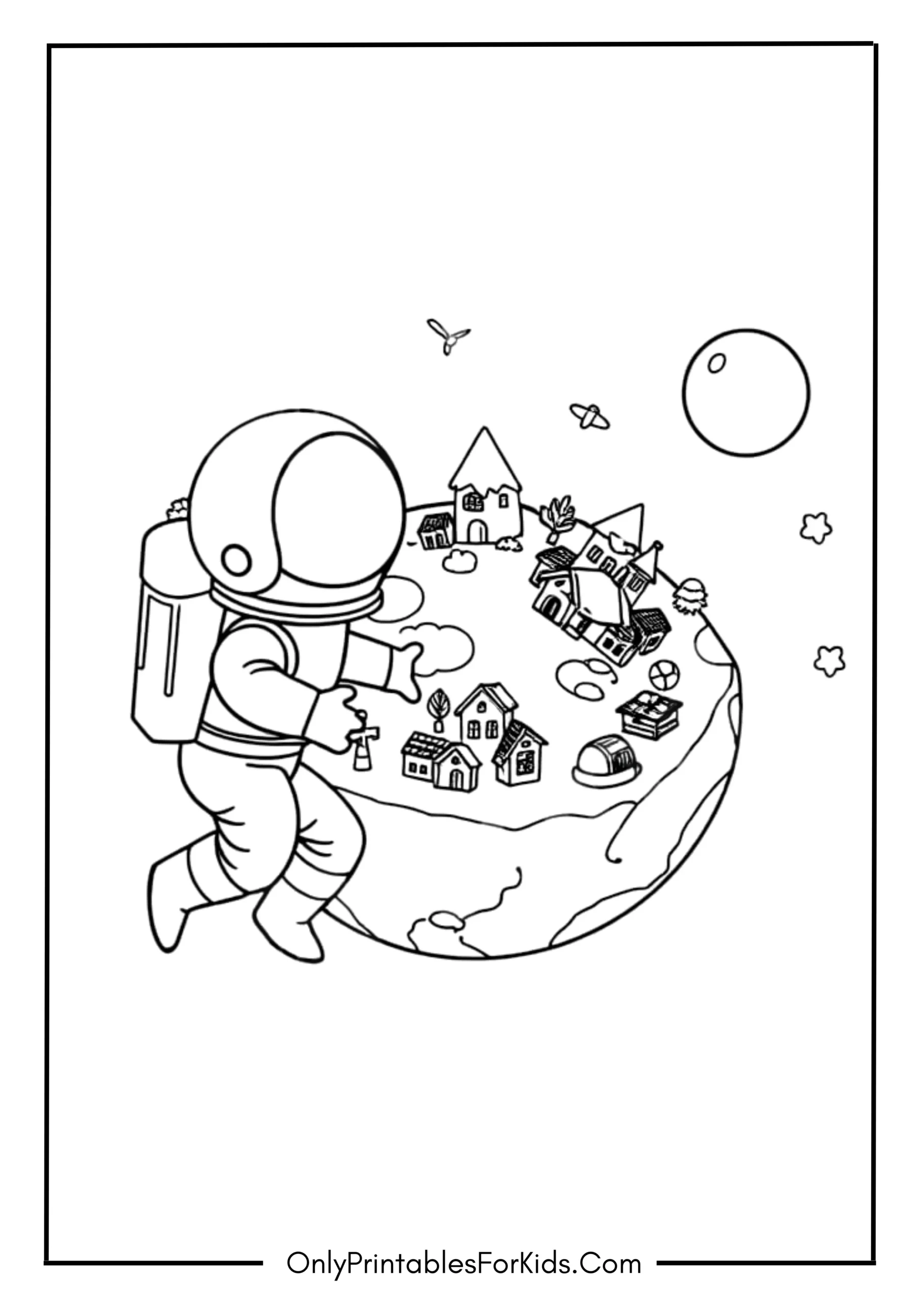 Astronaut Discovering a Tiny Planet Village