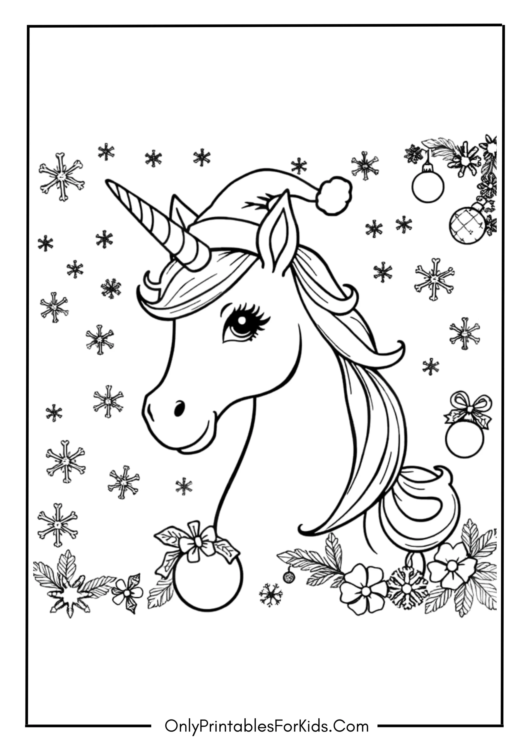 Cute Christmas Unicorn Coloring Page