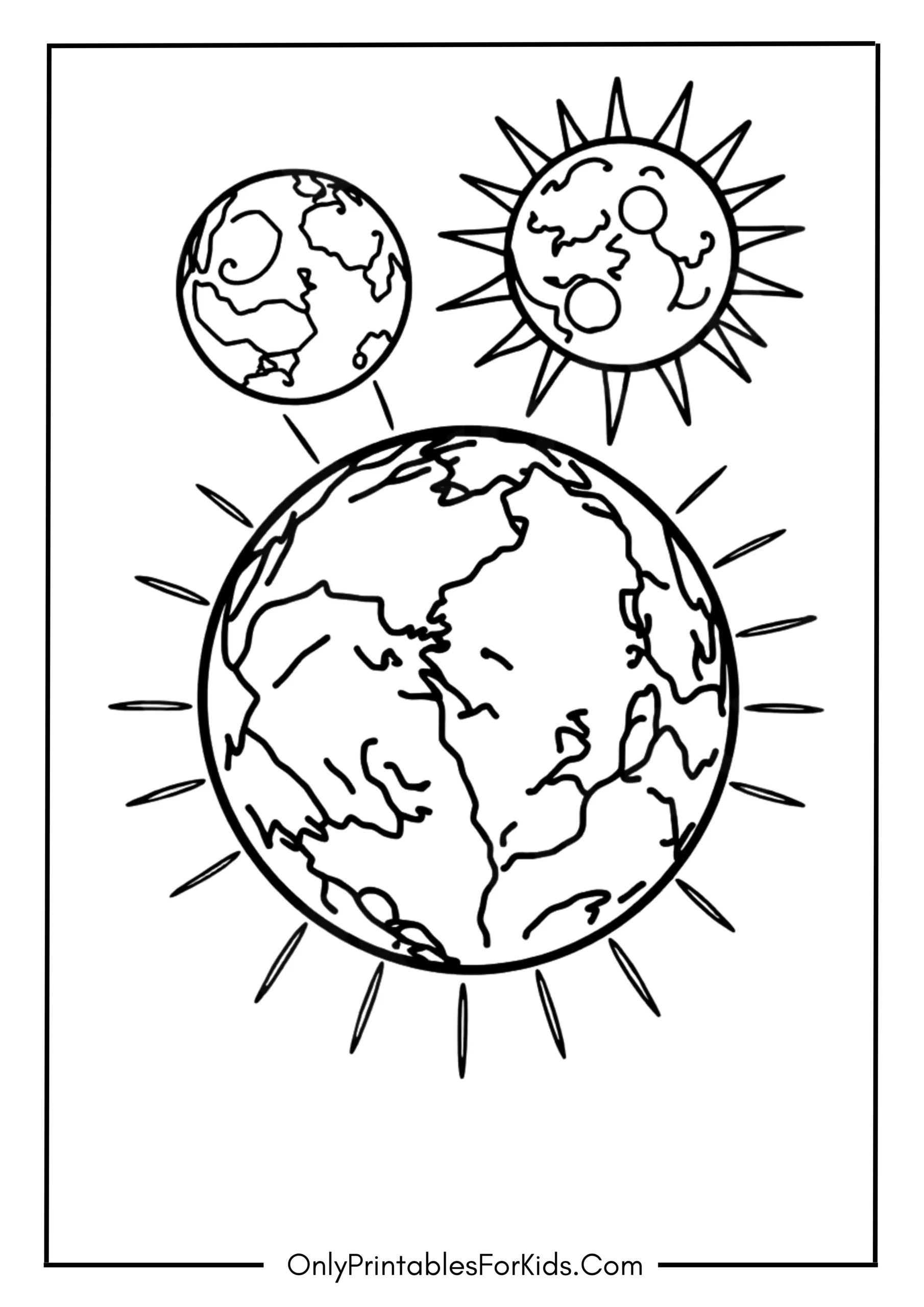 Earth with Moon and Sun Coloring Page scaled