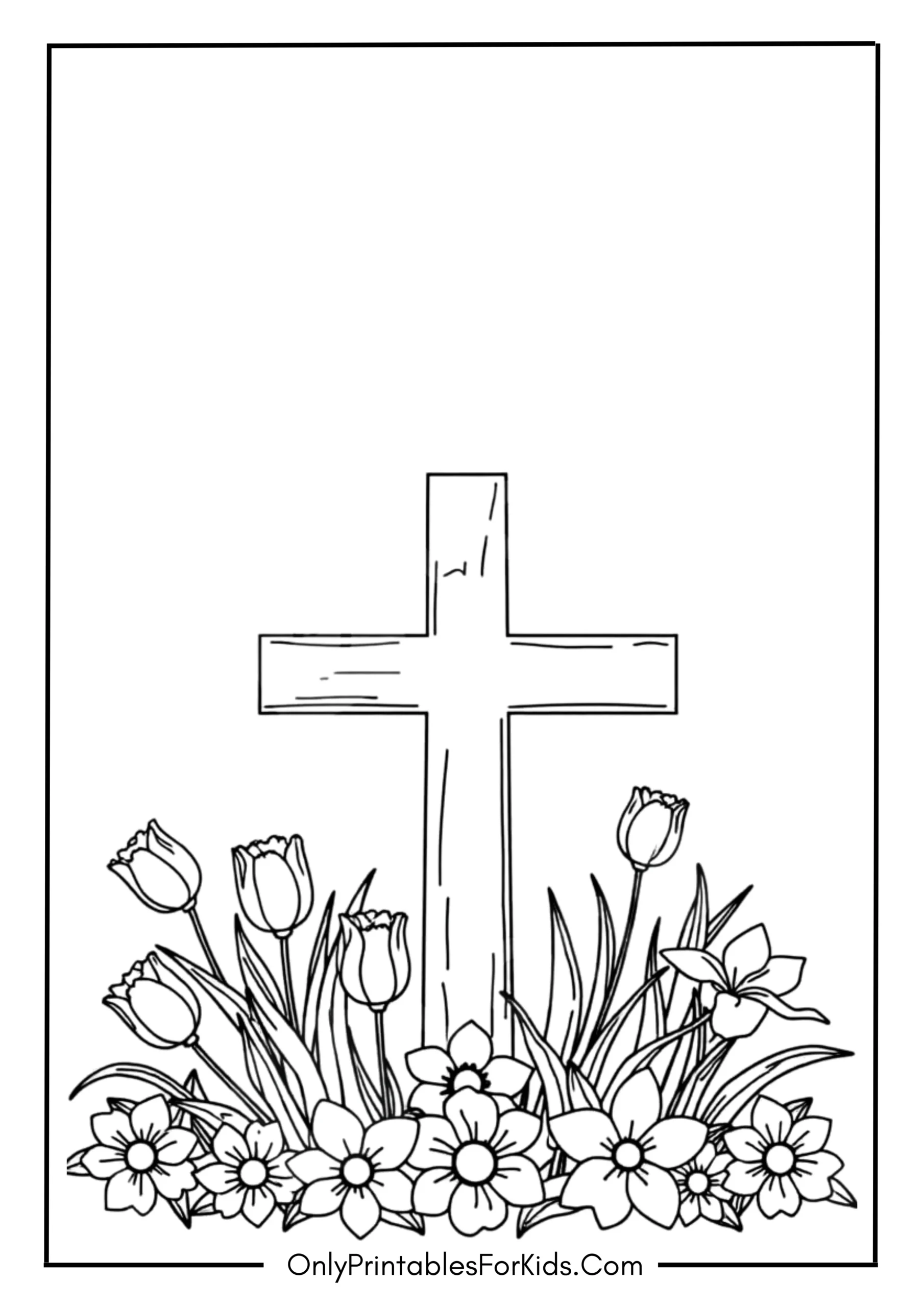 Easter Cross and Flowers Coloring Page