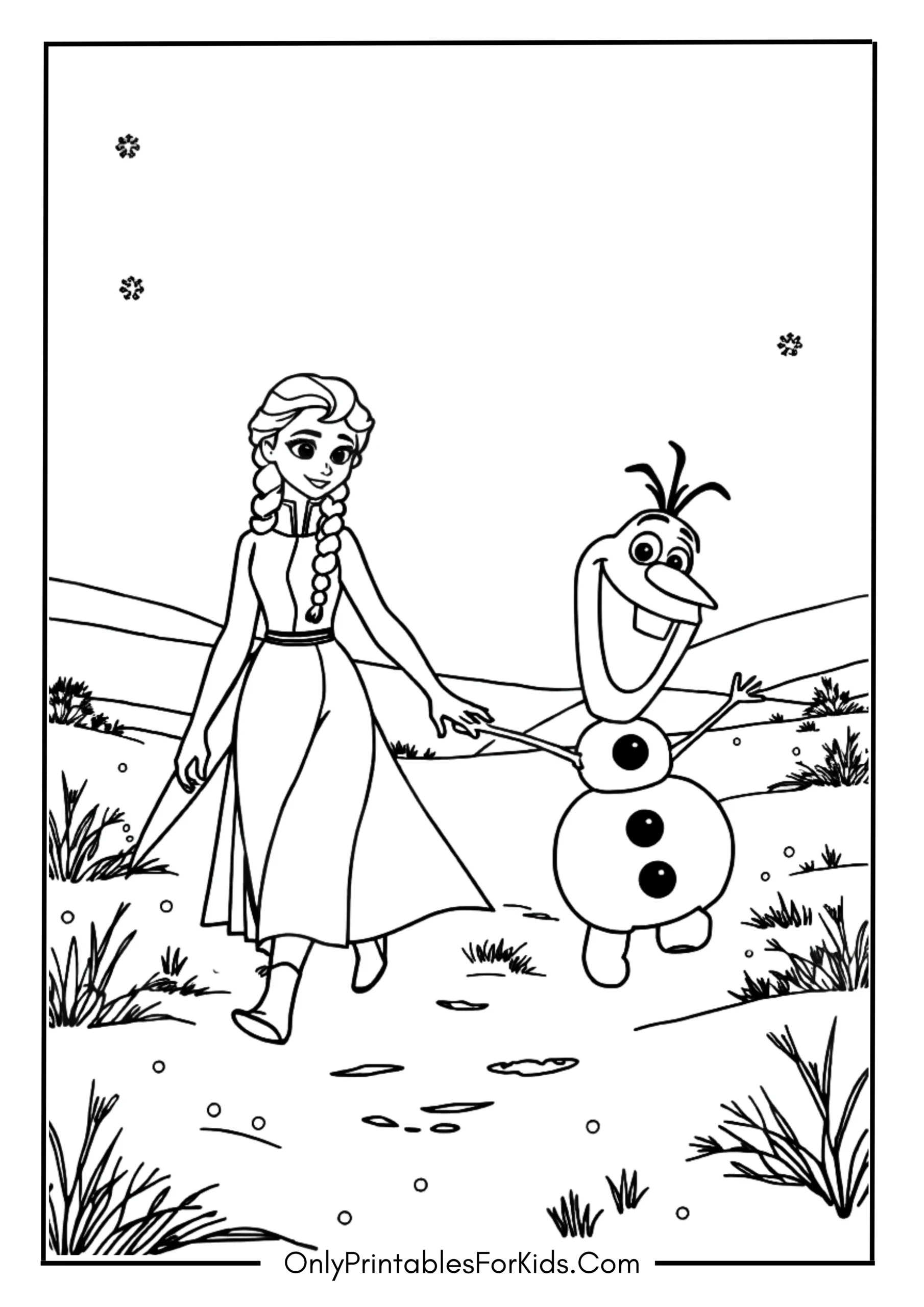 Elsa Holding Olaf’s Hand as They Walk Through the Snowy Fields