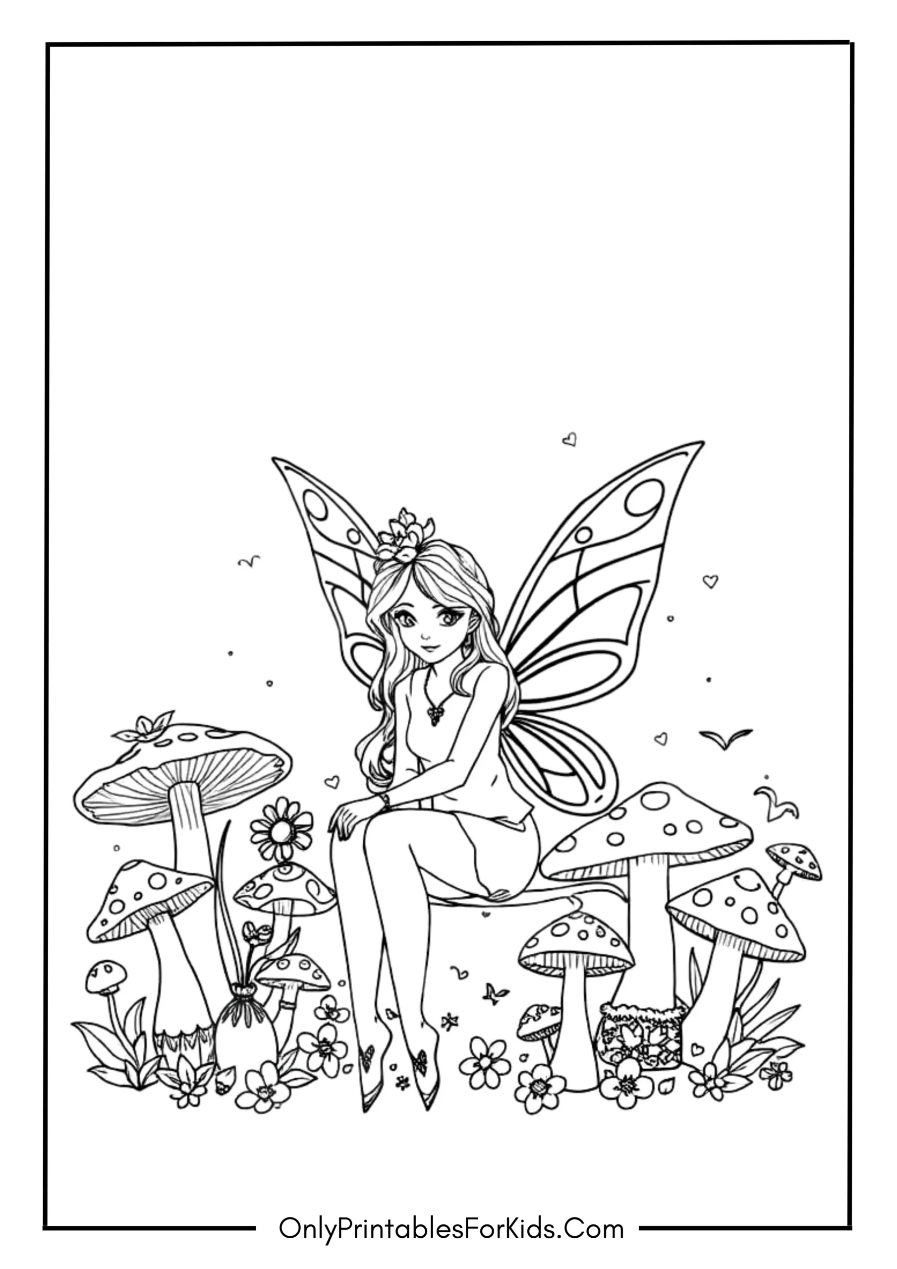 Fairy And Mushrooms Coloring Page scaled
