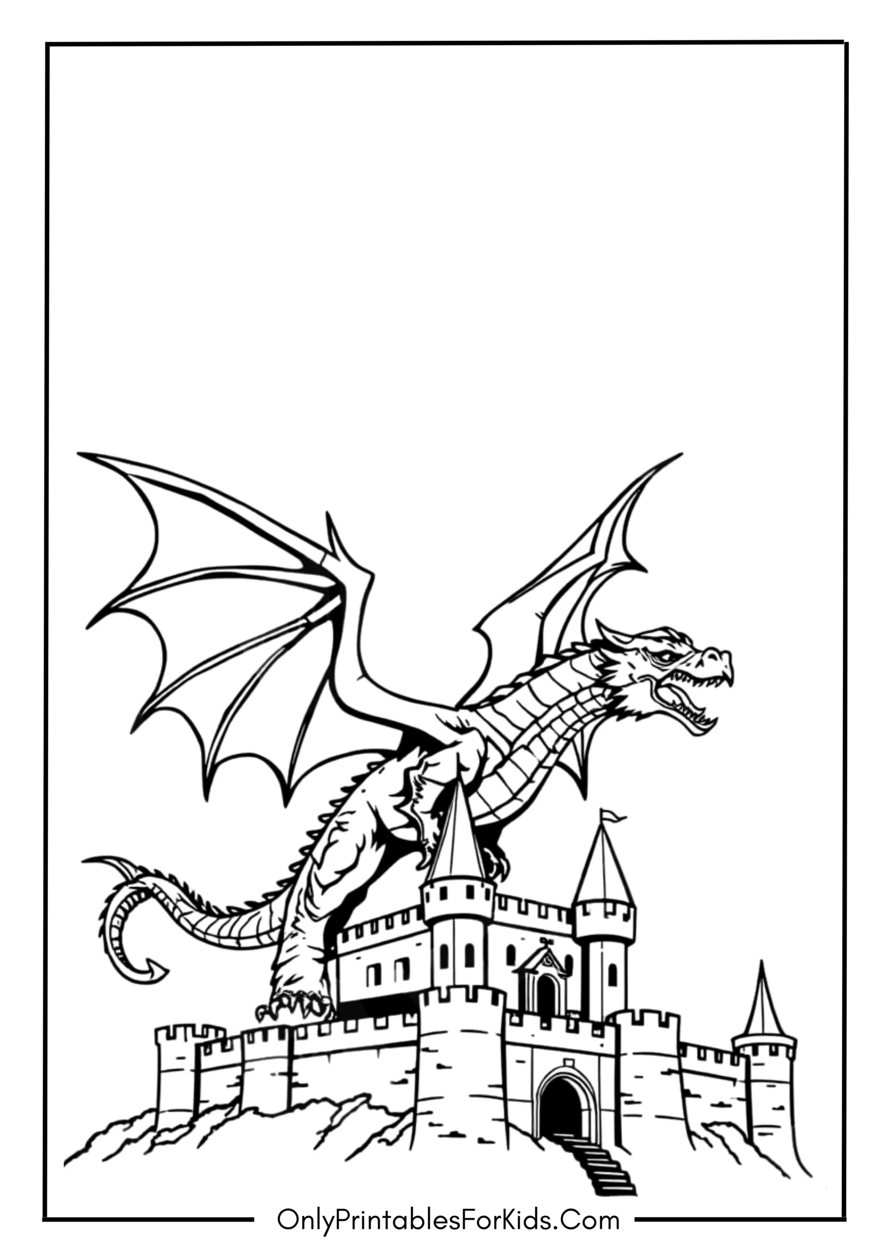Flying Dragon Over a Castle Coloring Page