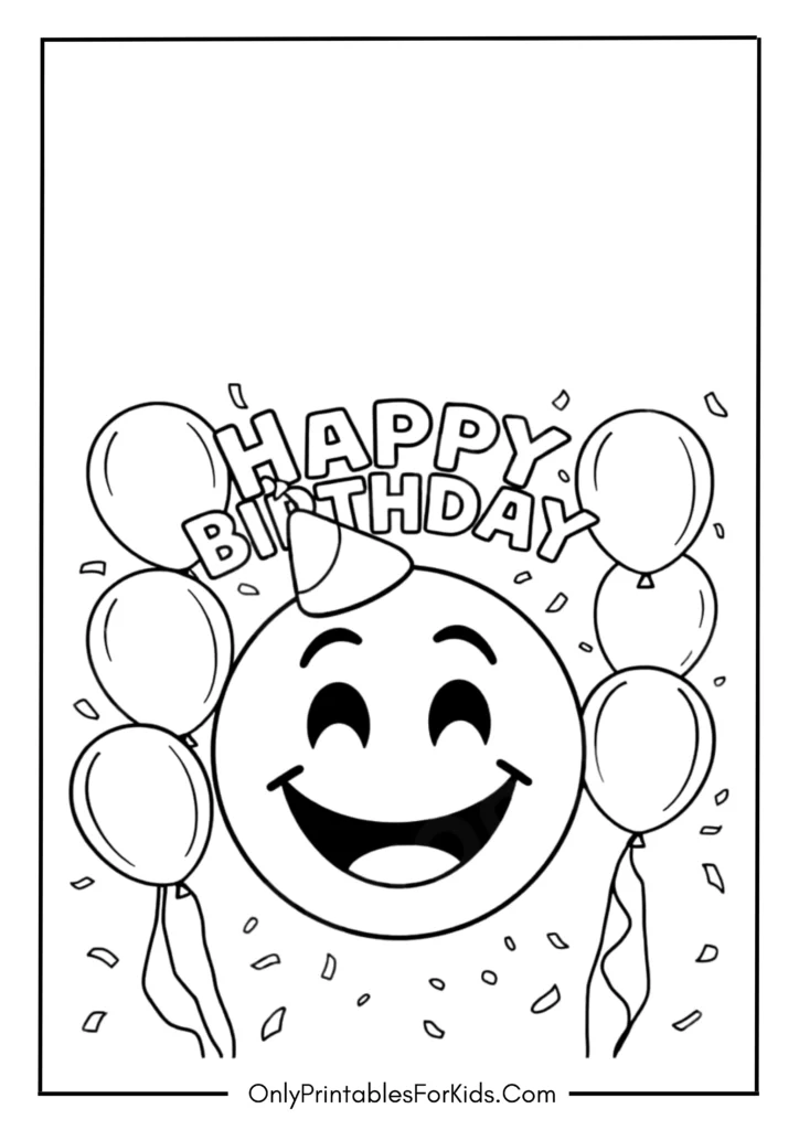 Happy Birthday with Party Emoji Coloring Page