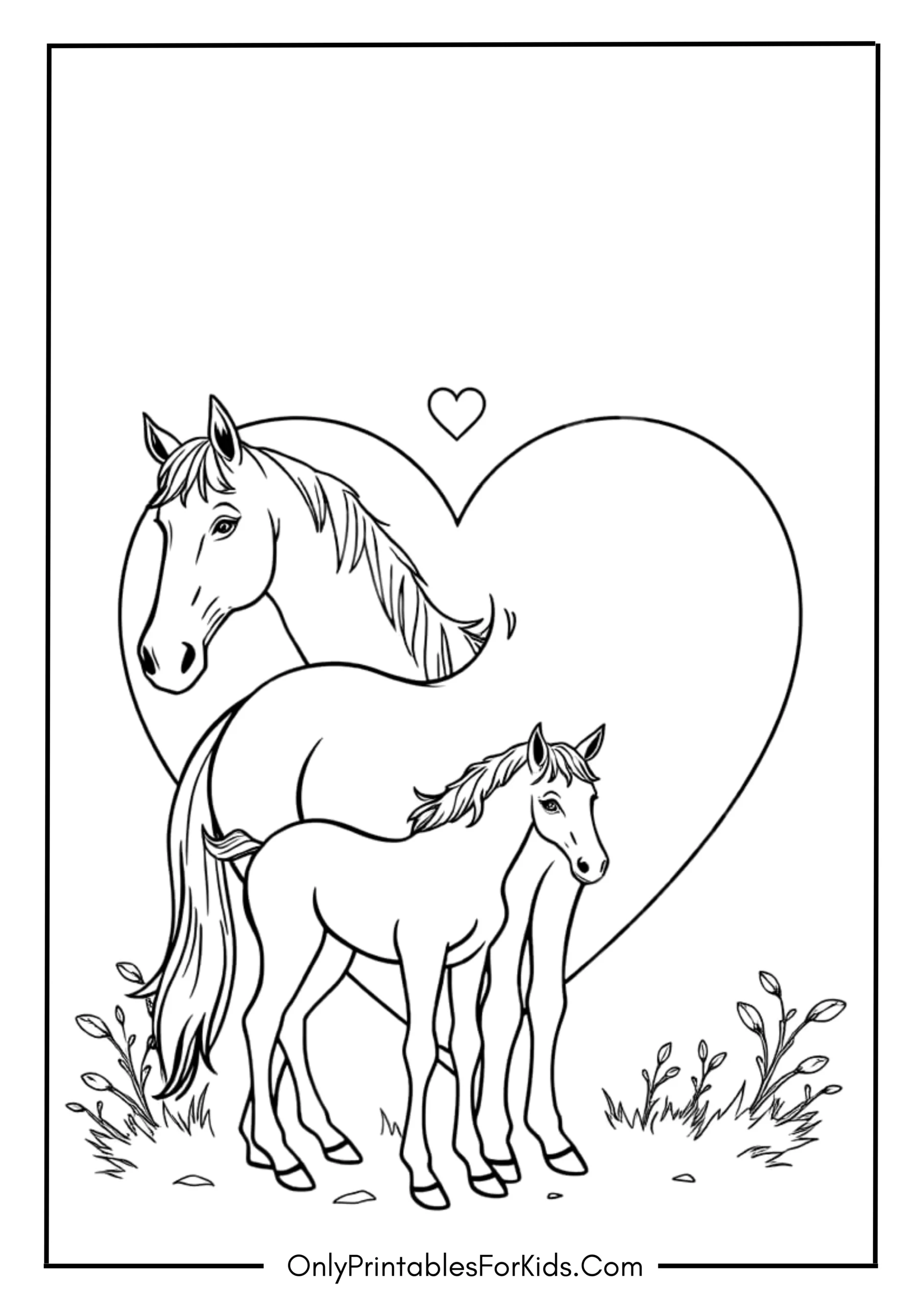 Horse Family with Heart Coloring Page