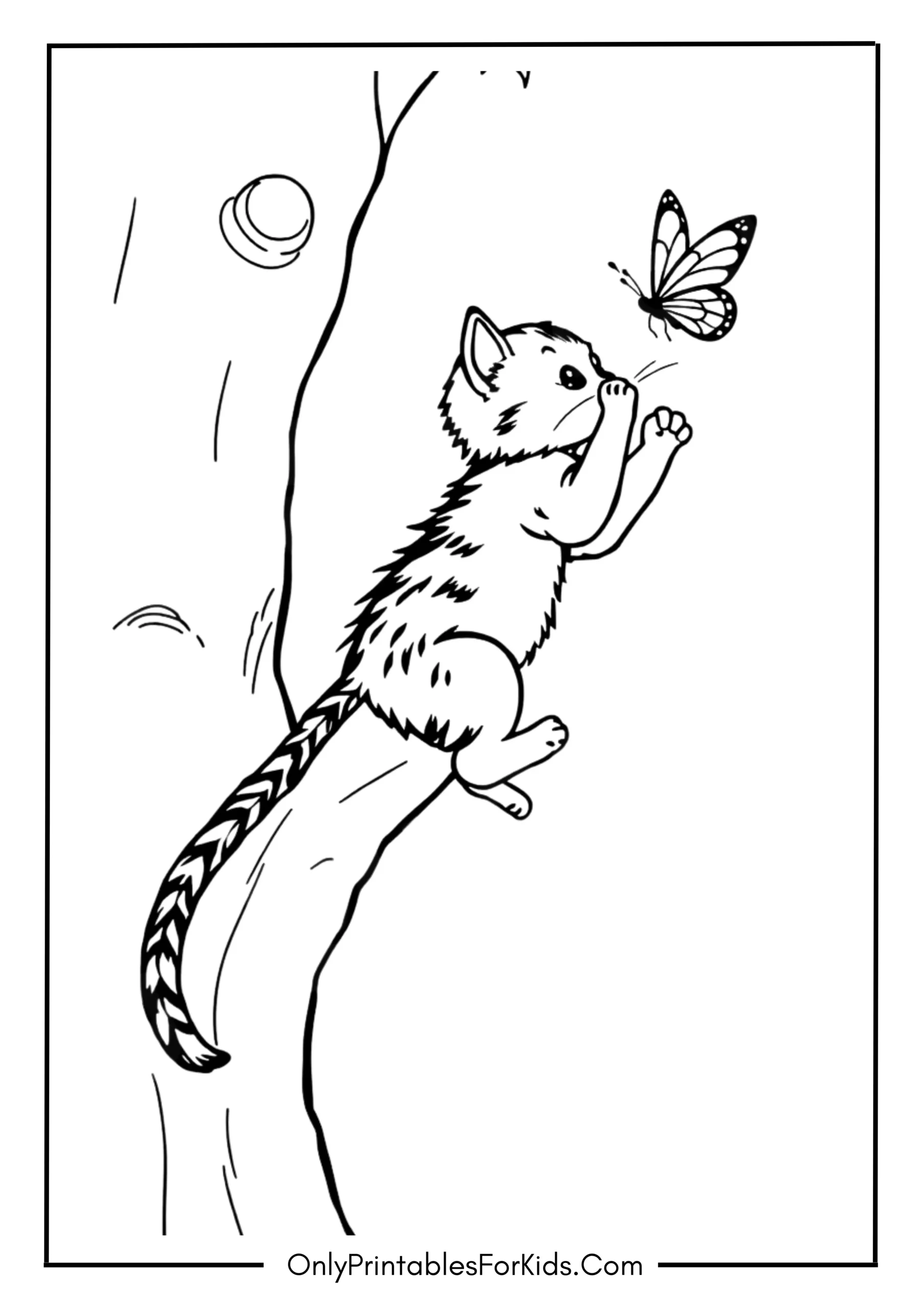 Kitten Climbing a Tree to Catch a Butterfly