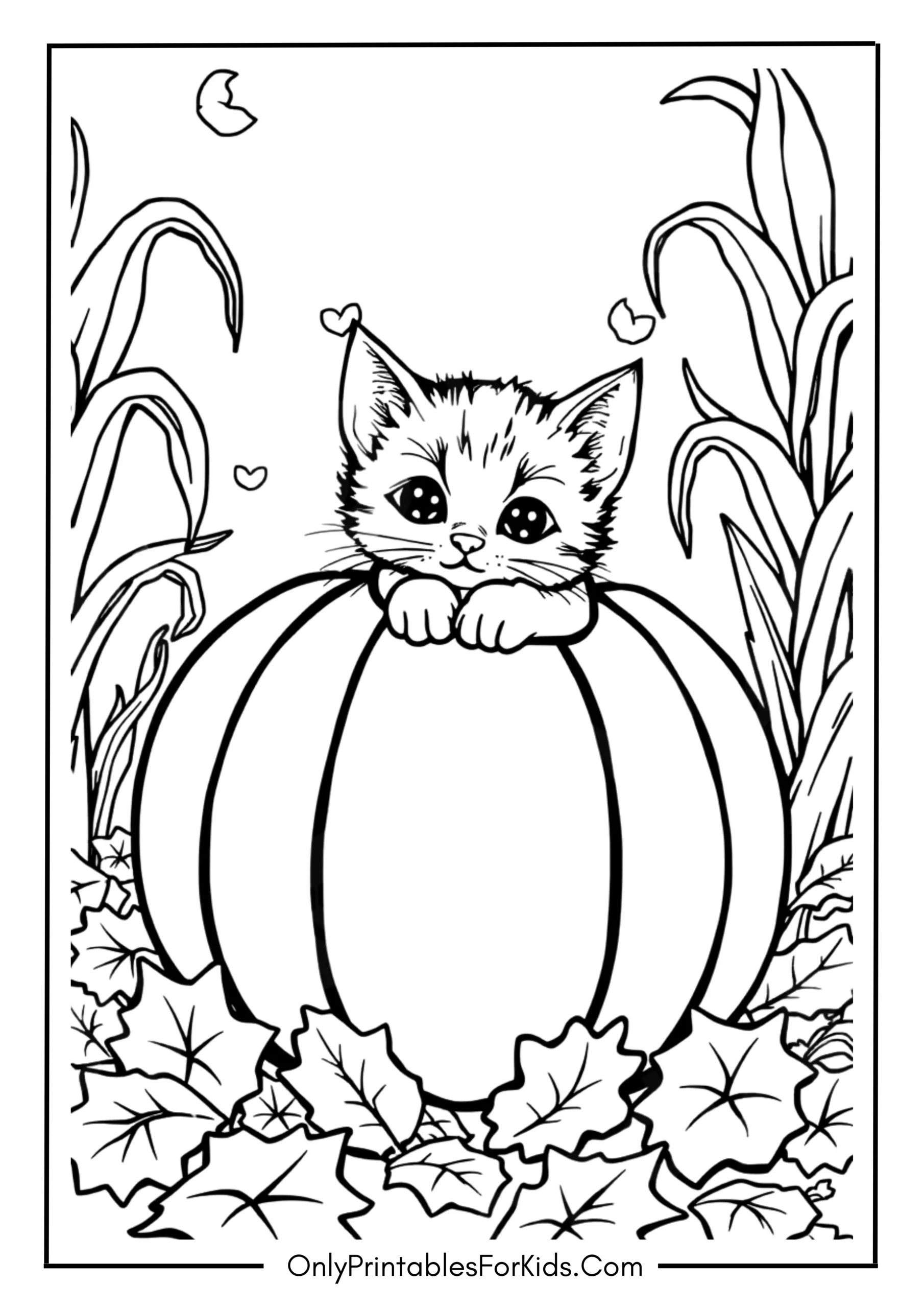 Kitten Hugging a Pumpkin in a Harvest Scene
