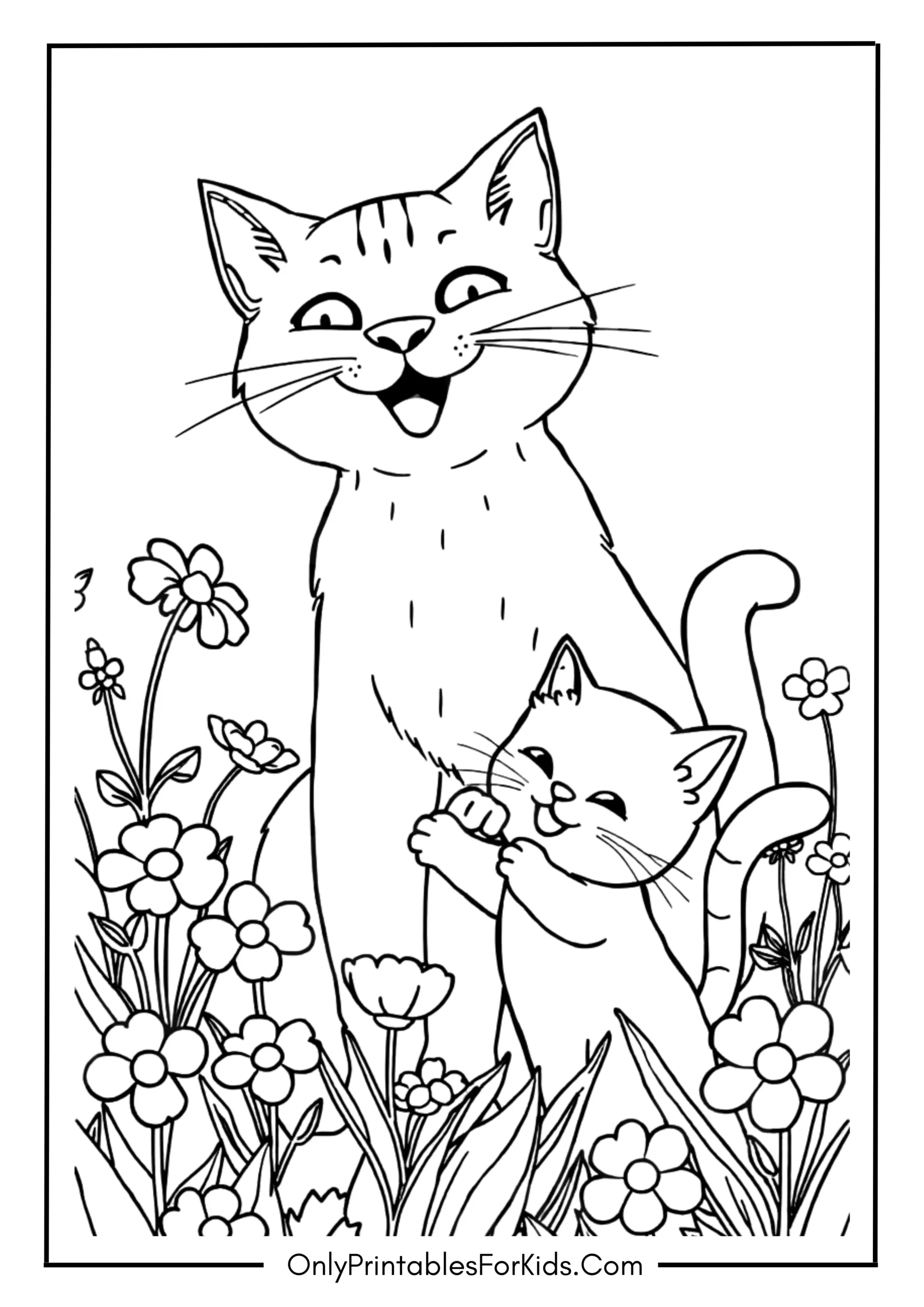 Kitten and Cat Playing in a Garden of Flowers
