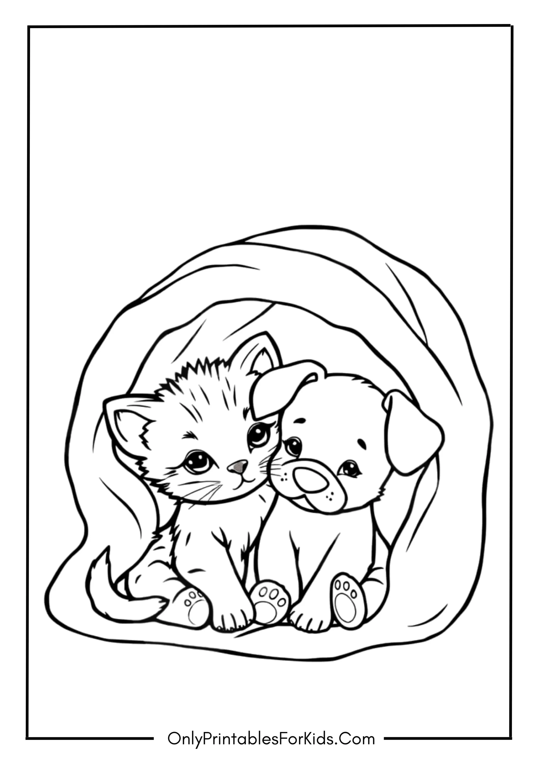 Kitten and Puppy Sharing a Cozy Blanket