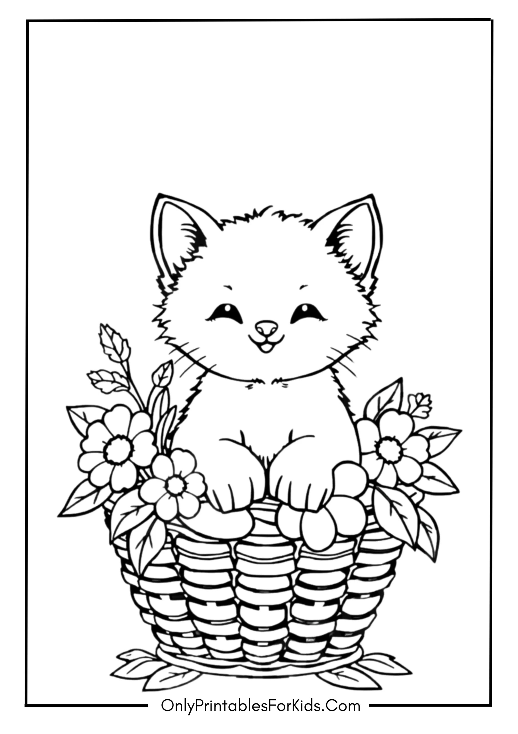 Kitten in a Basket with Fresh Spring Flowers