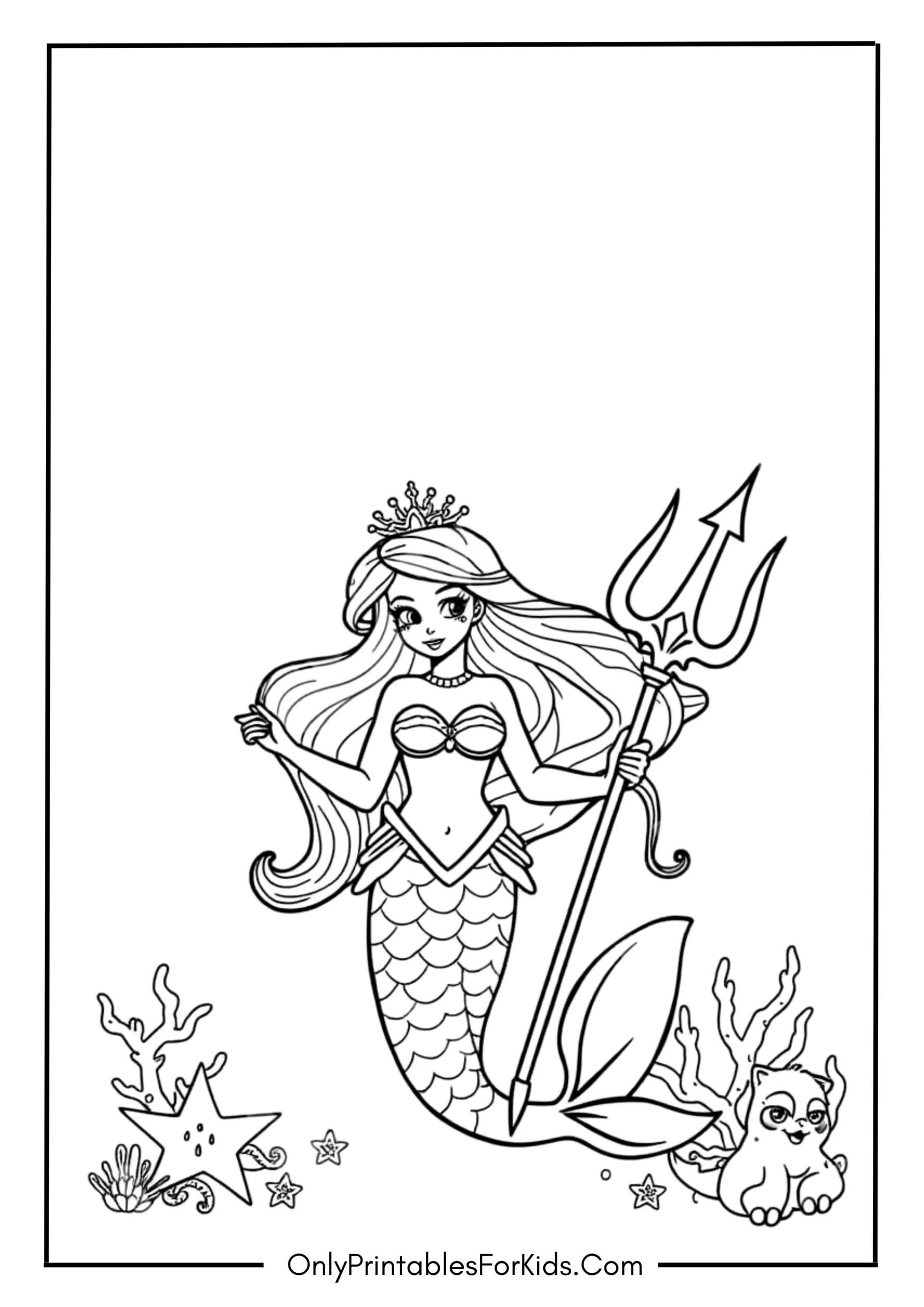 Mermaid Princess Holding a Magic Trident Coloring Page scaled