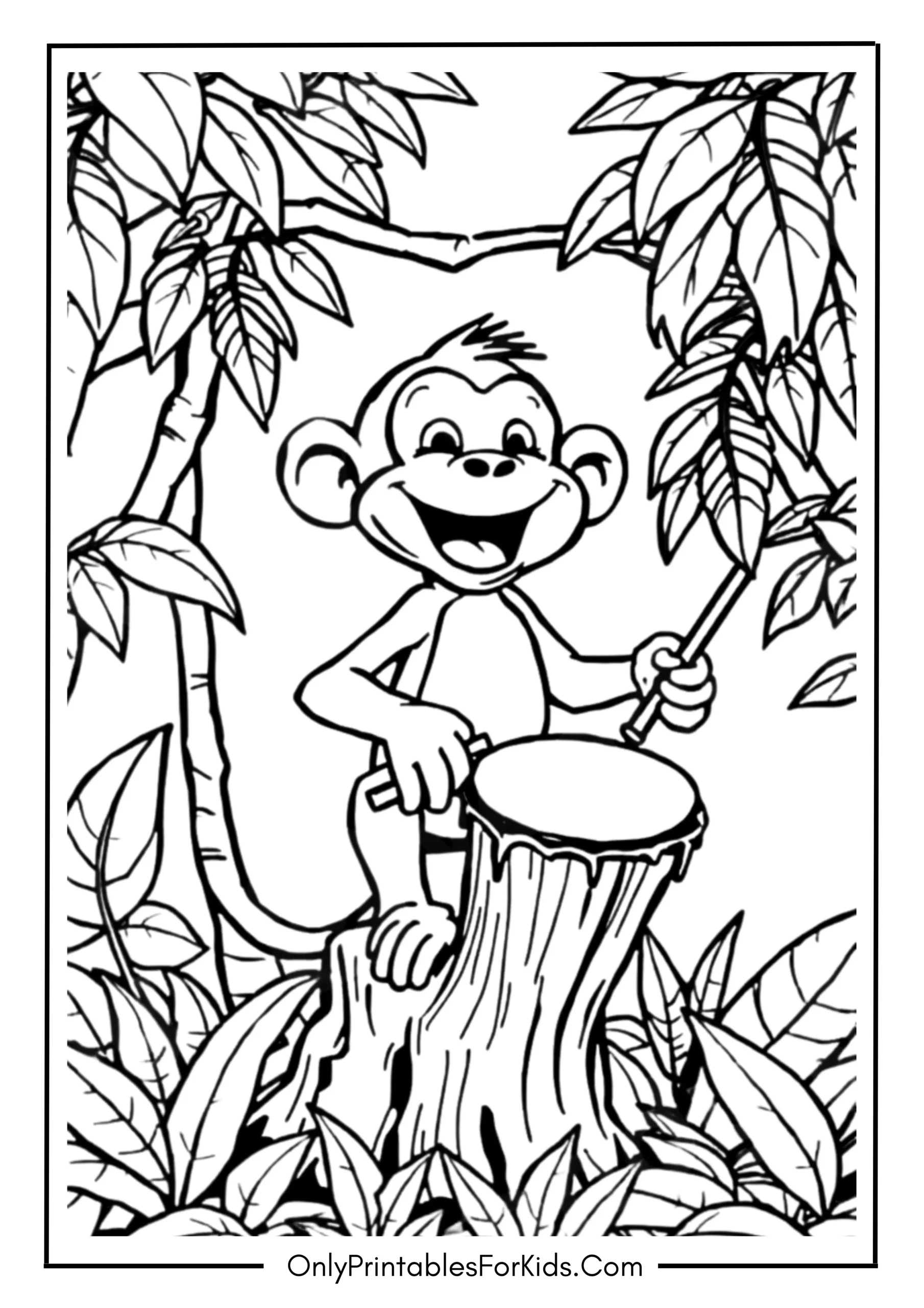 Monkey Playing Drums on Tree Trunks