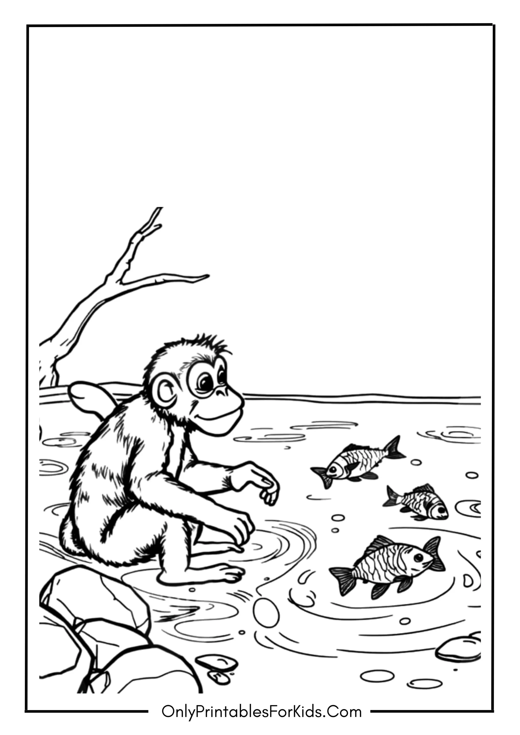 Monkey Watching Fish in a Clear Stream