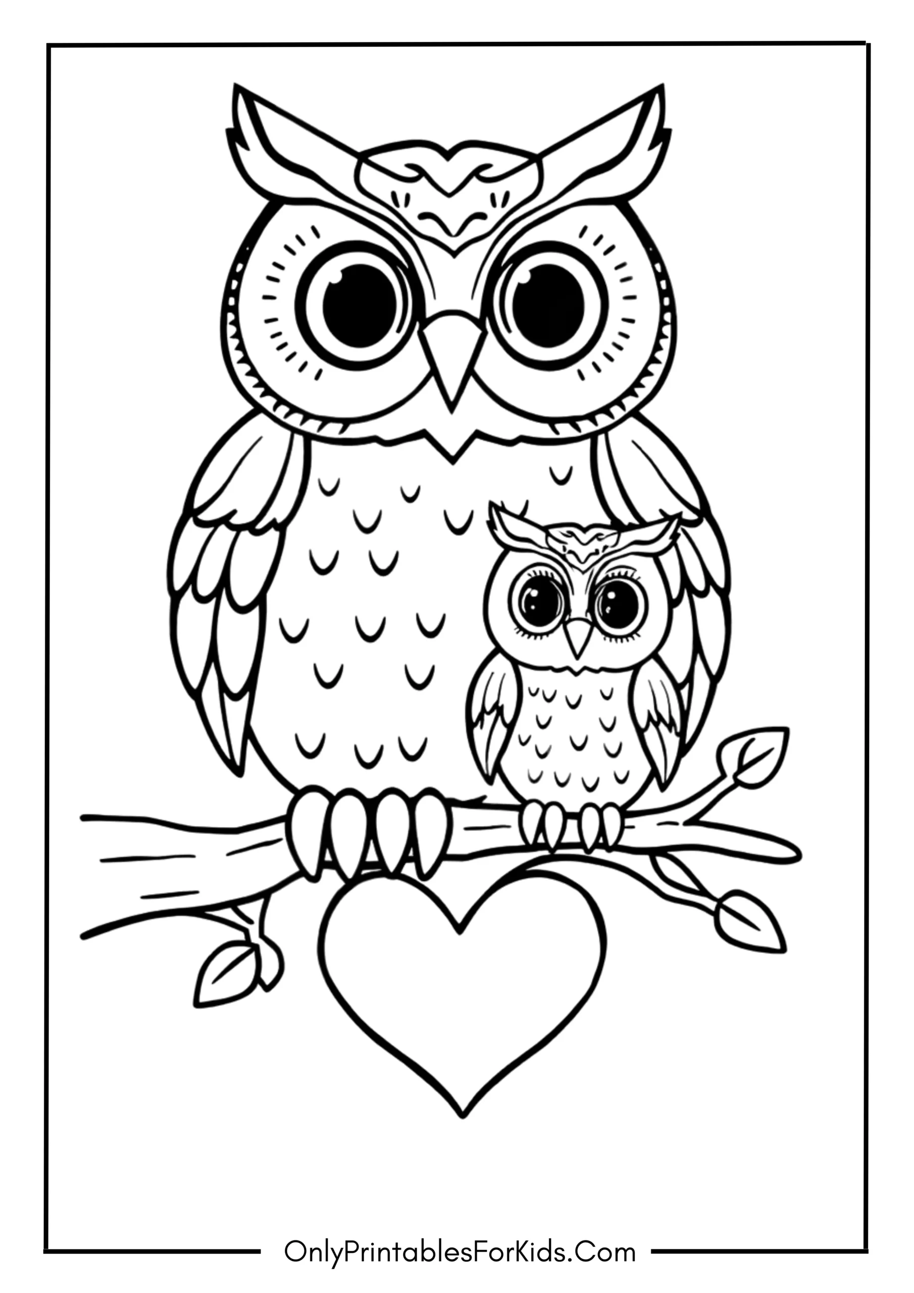 Owl Family with Heart Coloring Page