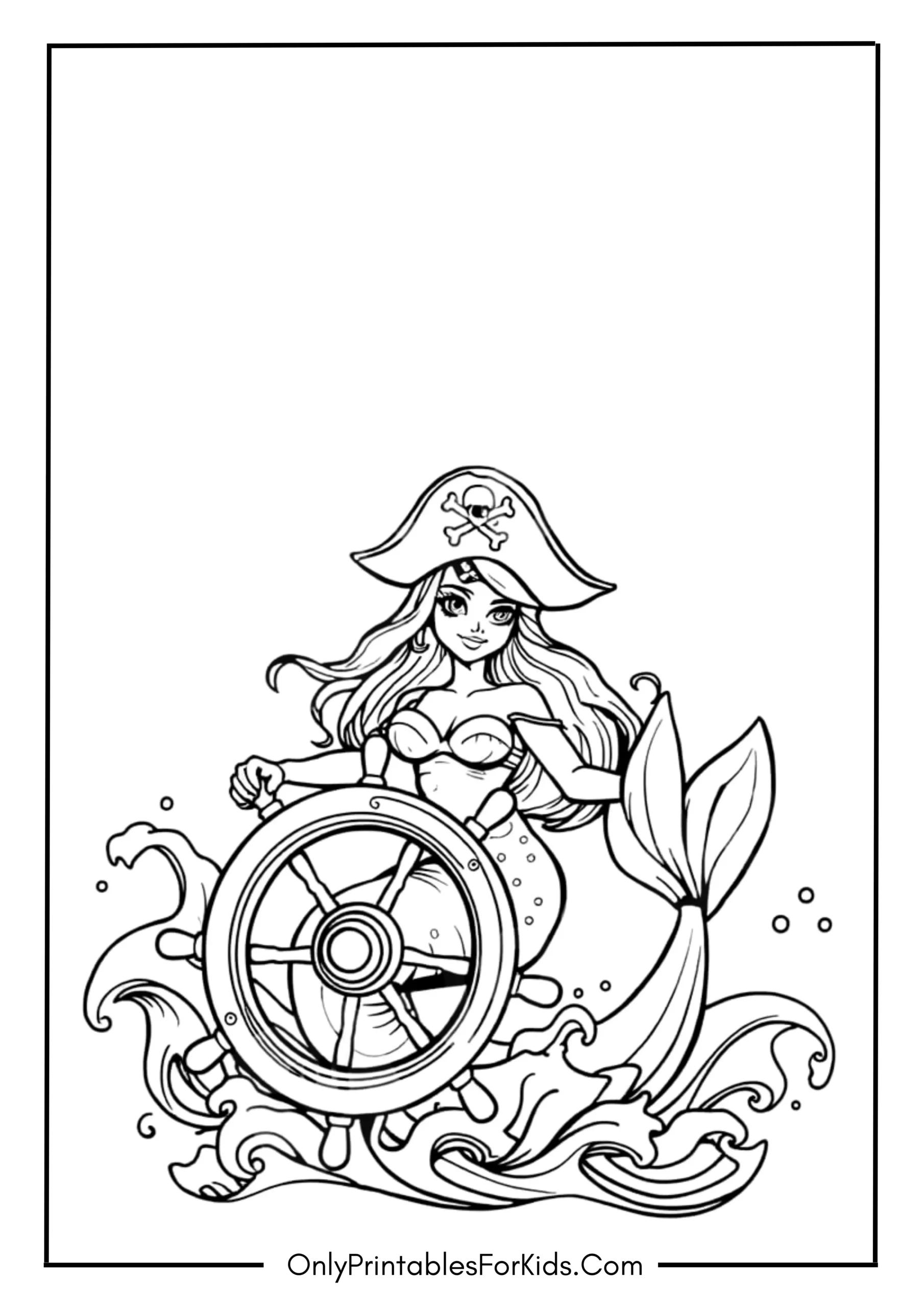 Pirate Mermaid Navigating a Ship Coloring Page scaled