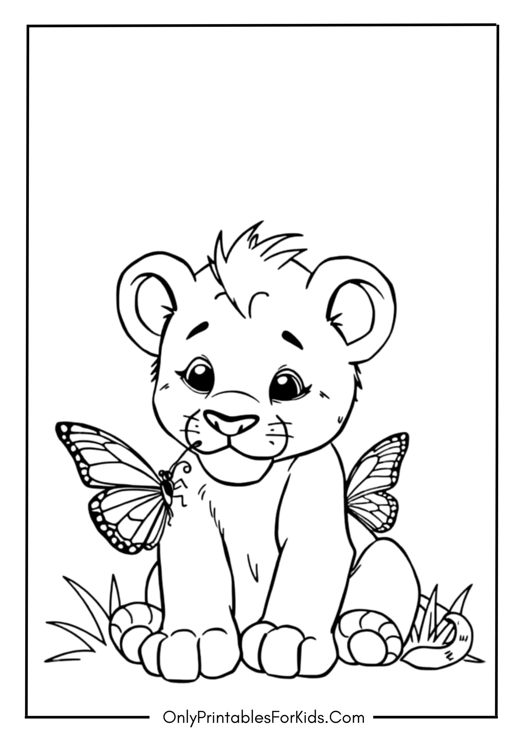 Sweet Lion Cub Sitting With A Butterfly