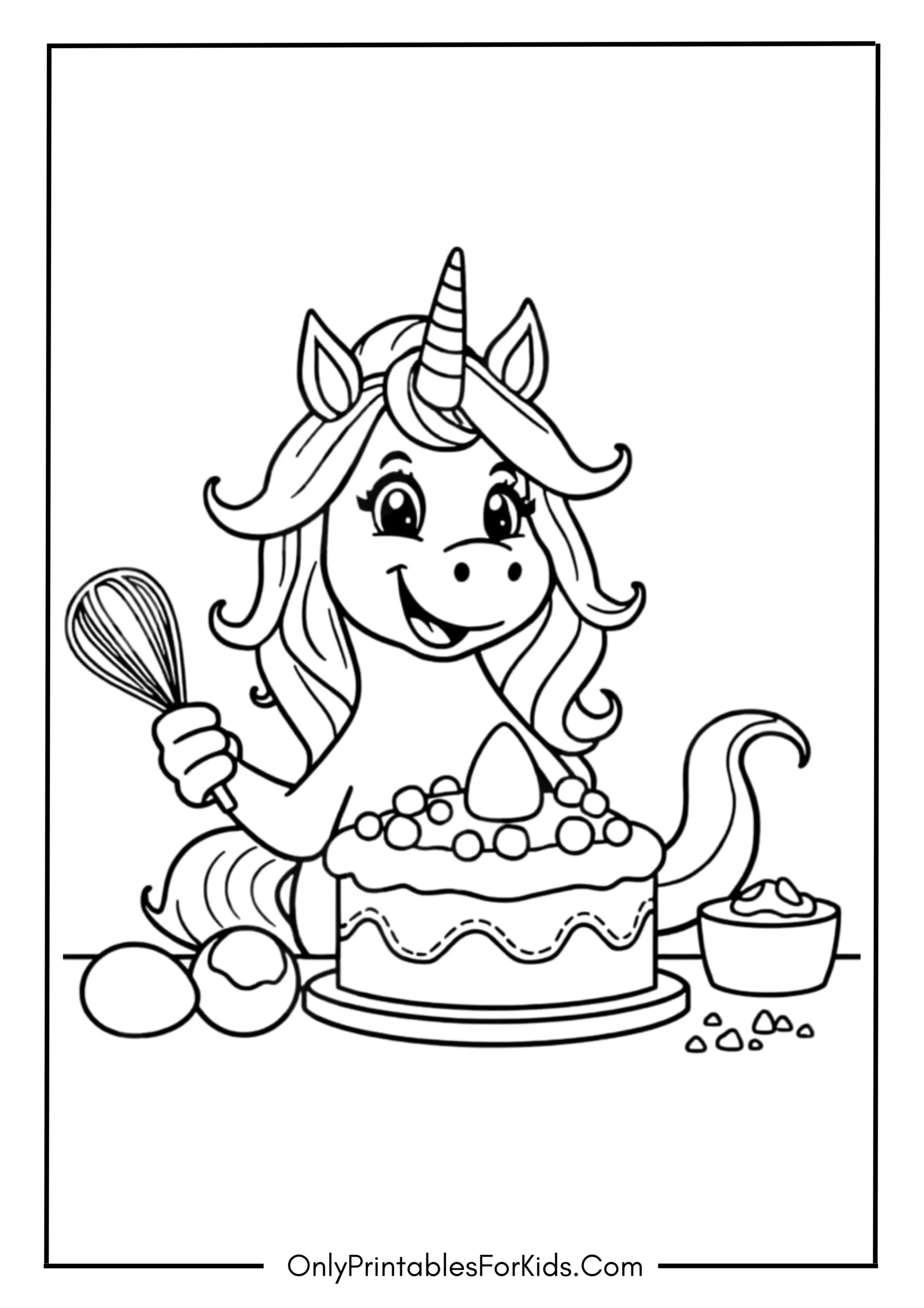 Unicorn Making a Cake Coloring Page