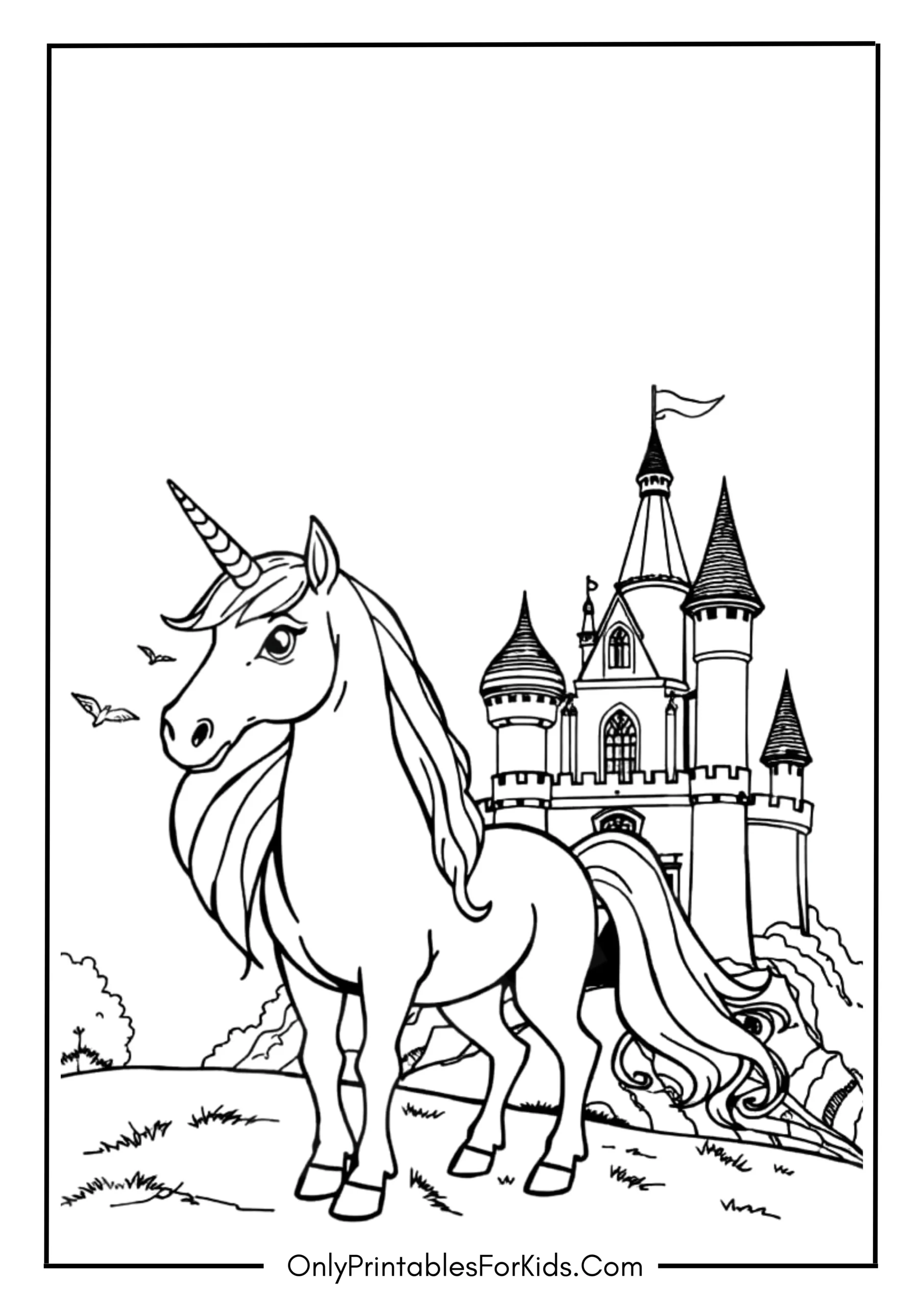 Unicorn and Castle Coloring Page