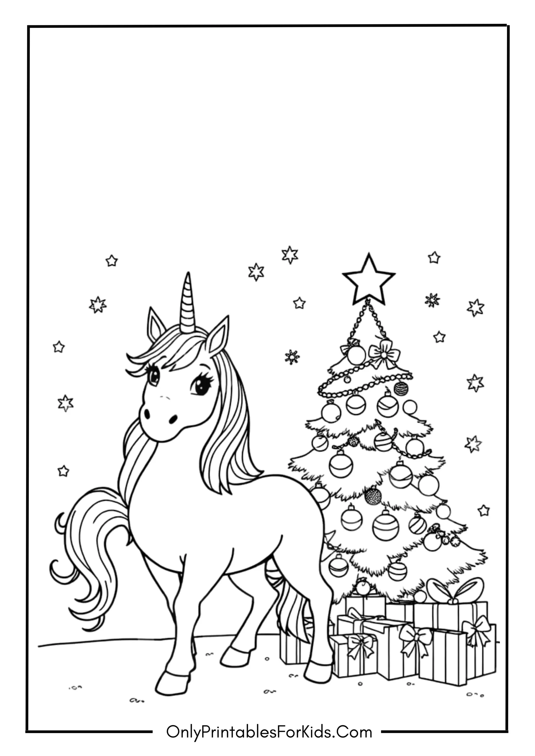 Unicorn with Christmas Tree Coloring Page