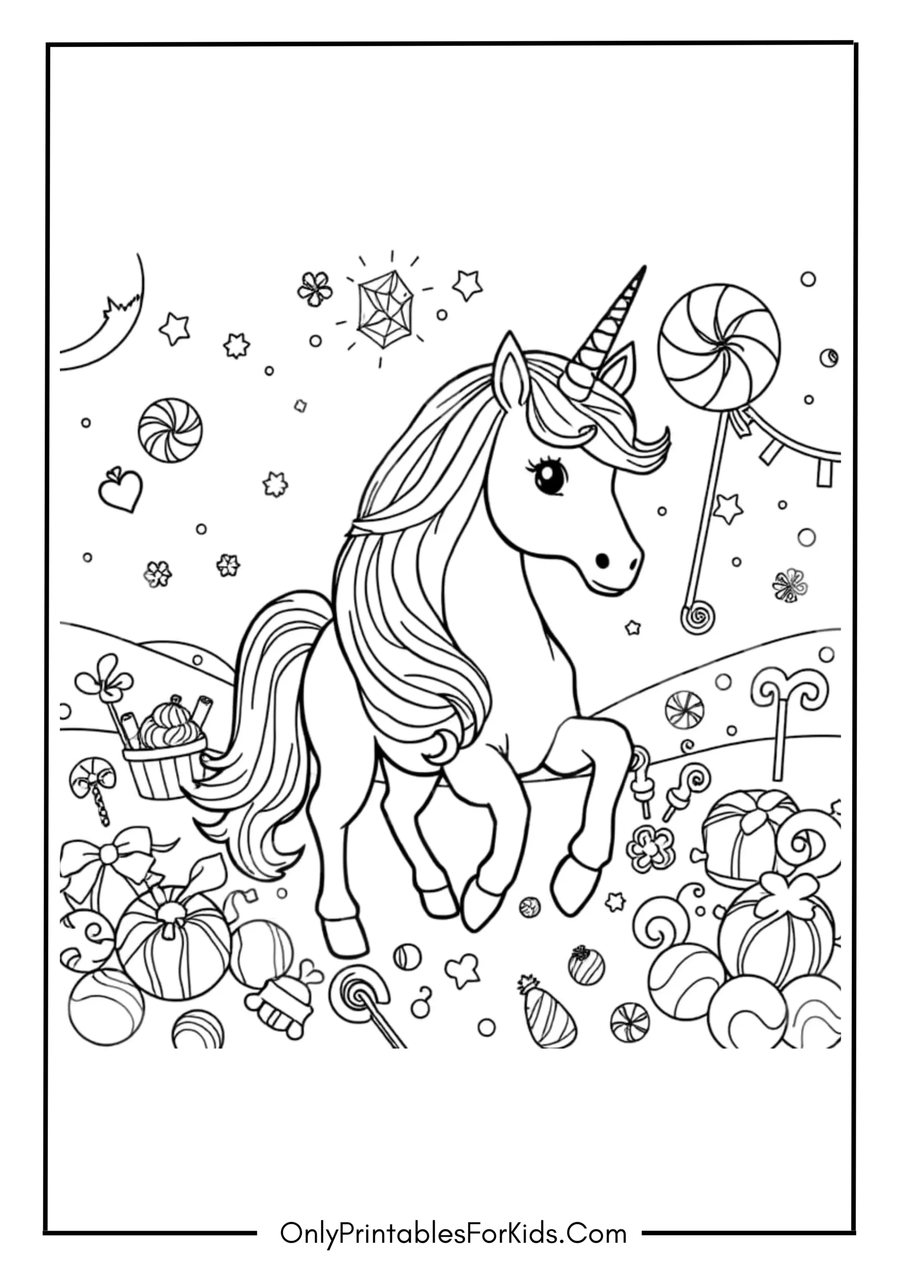Unicorn with a Candy Land Theme Coloring Page