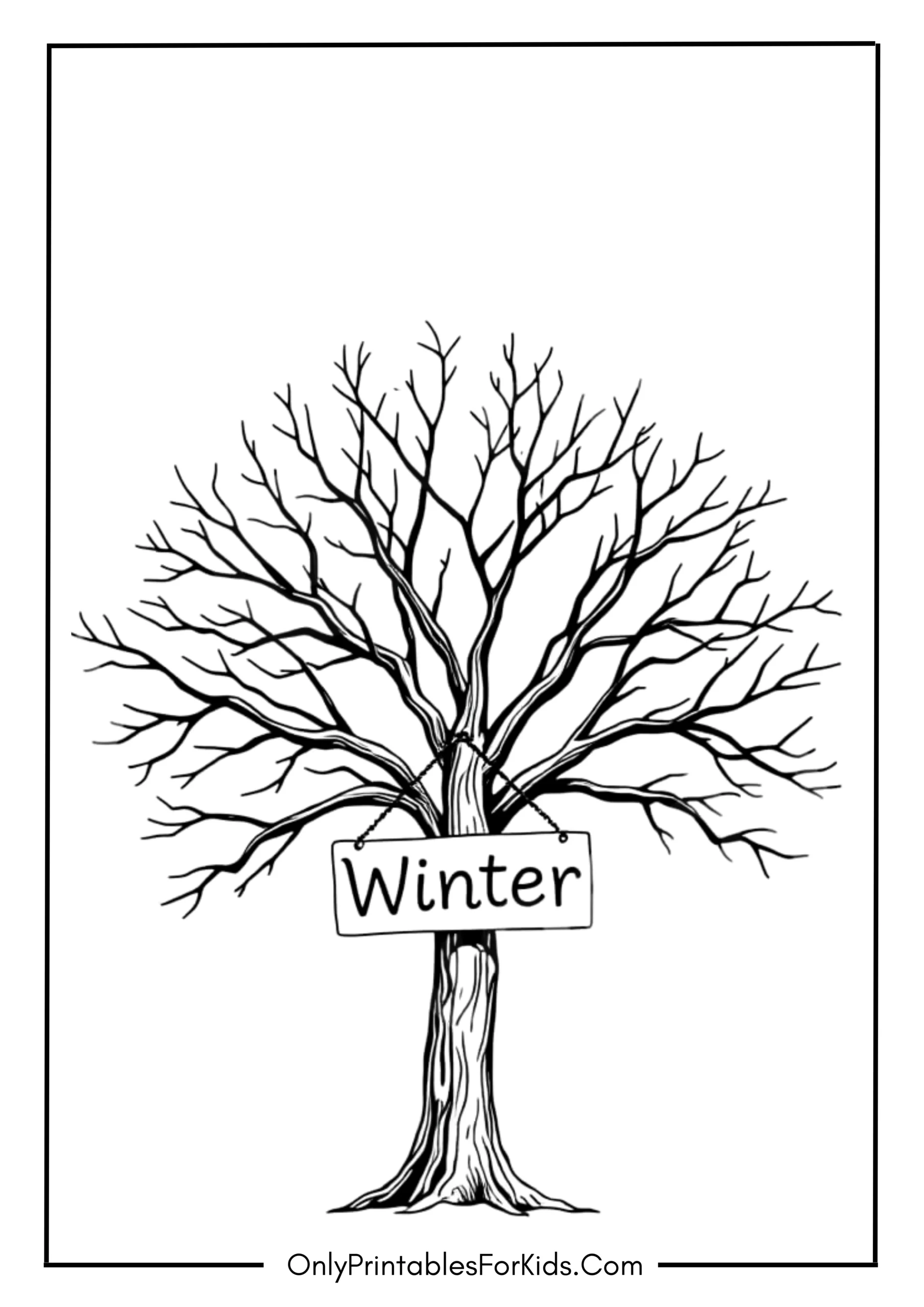 Winter Tree with “Winter” Sign Coloring Page
