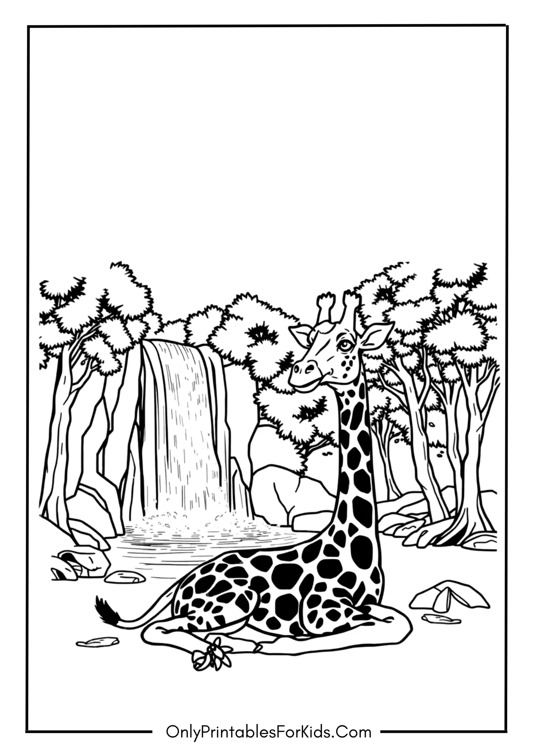 Giraffe Resting by a Waterfall