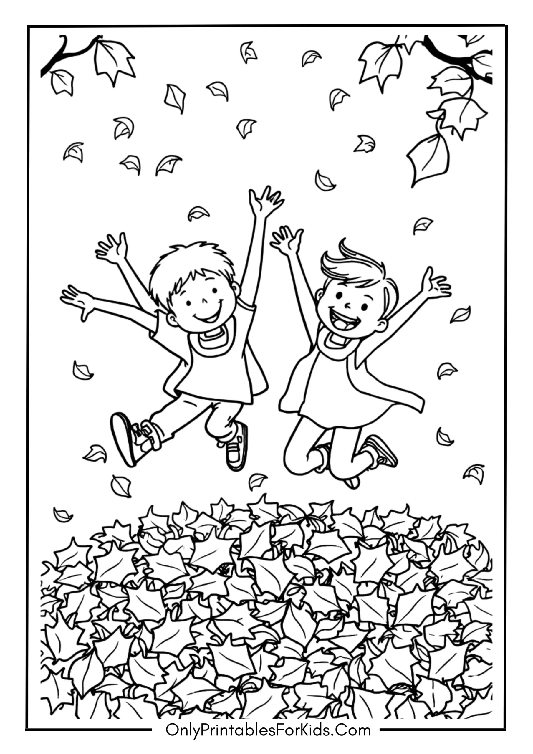 Happy Kids Jumping in Leaf Piles