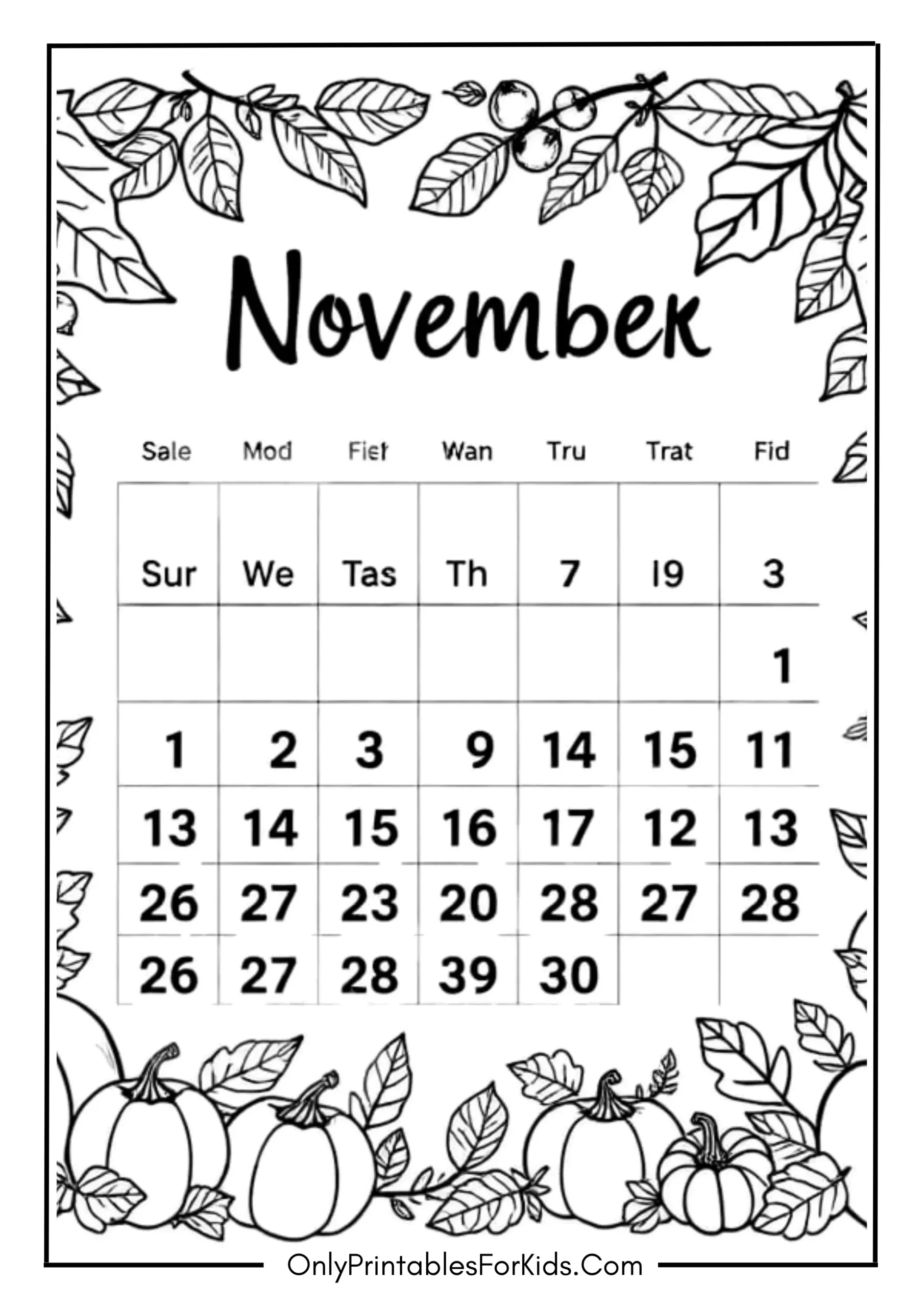 November Calendar Page with Doodles
