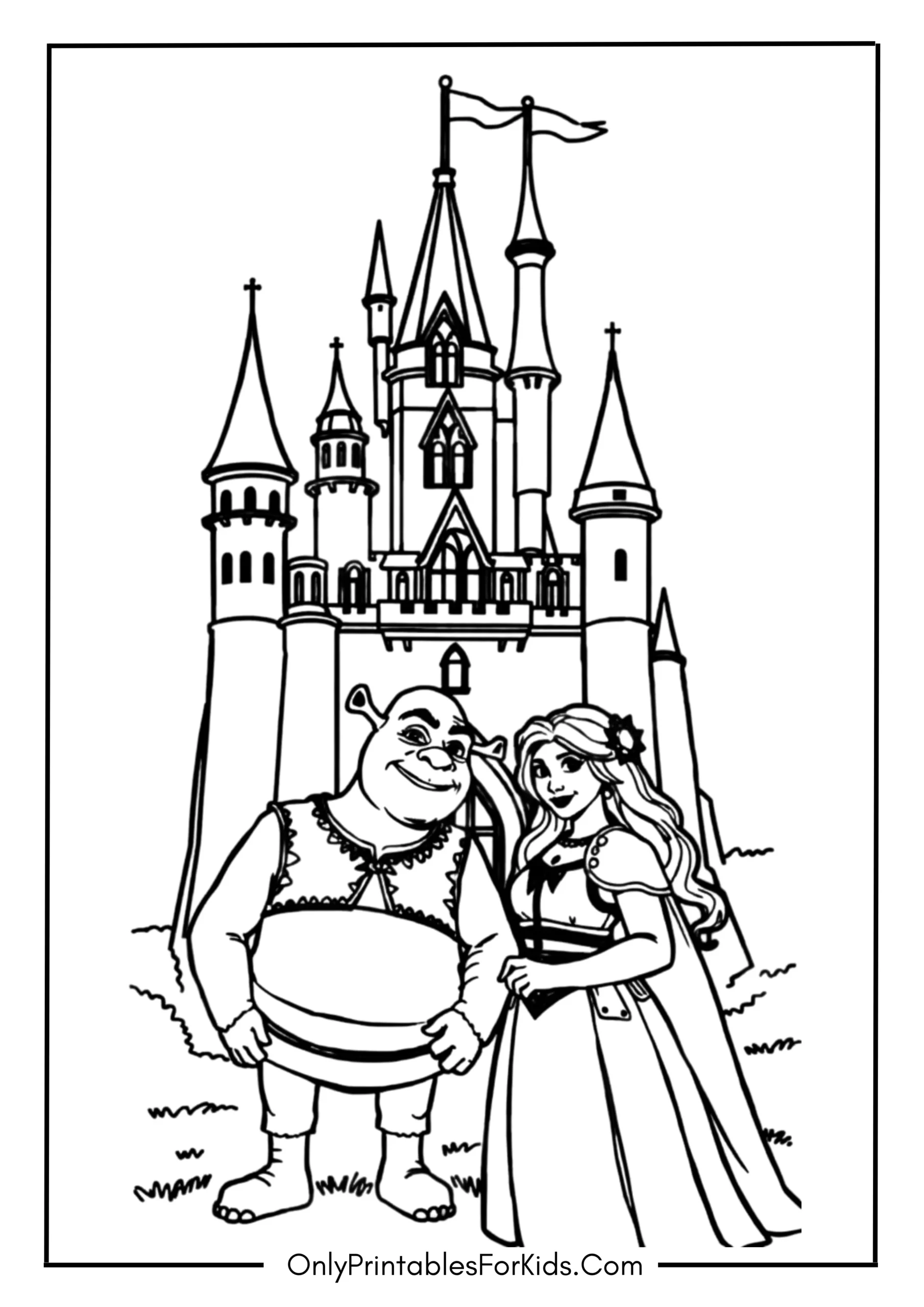 Shrek Coloring Page with Fairy-Tale Castle