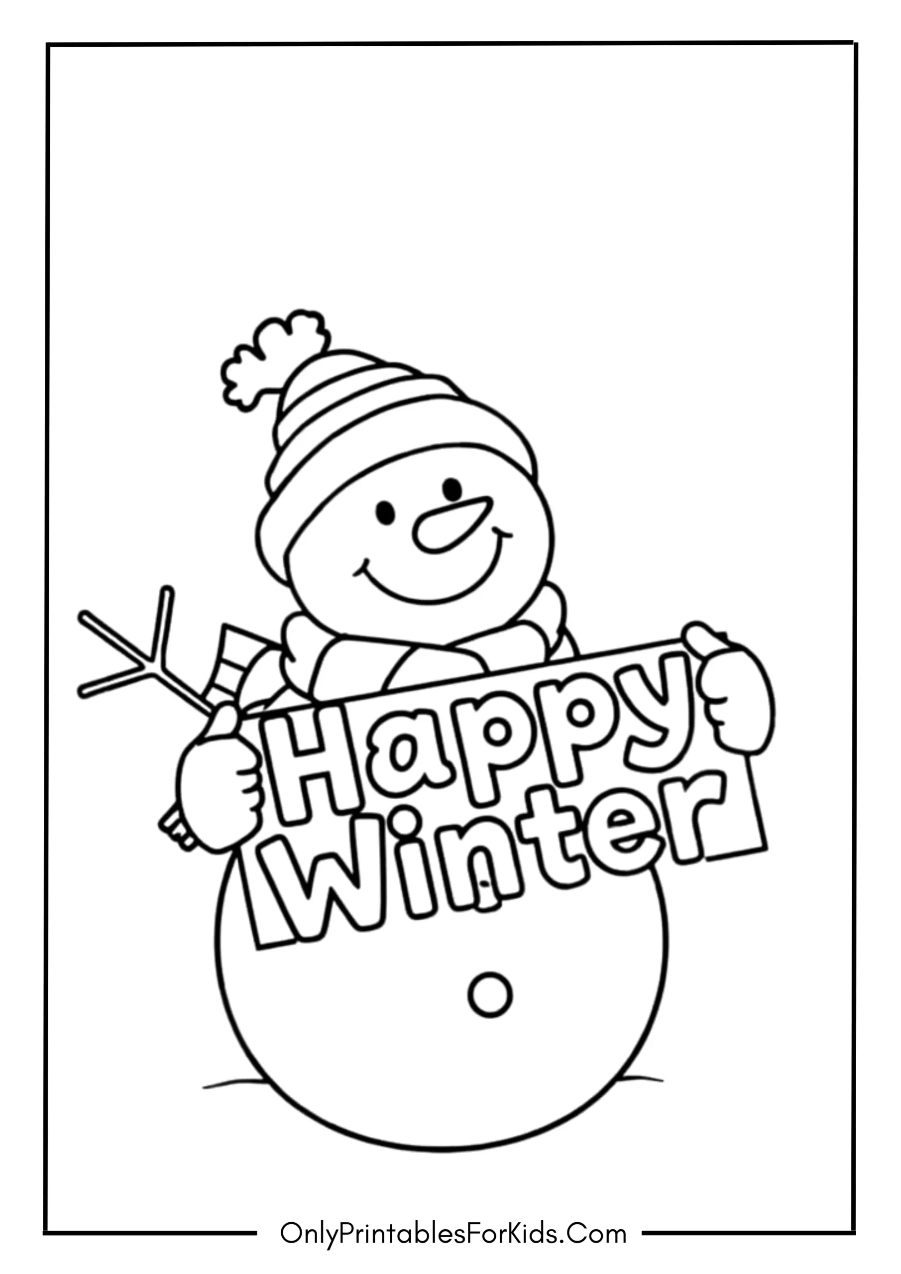Snowman Holding a “Happy Winter” Sign
