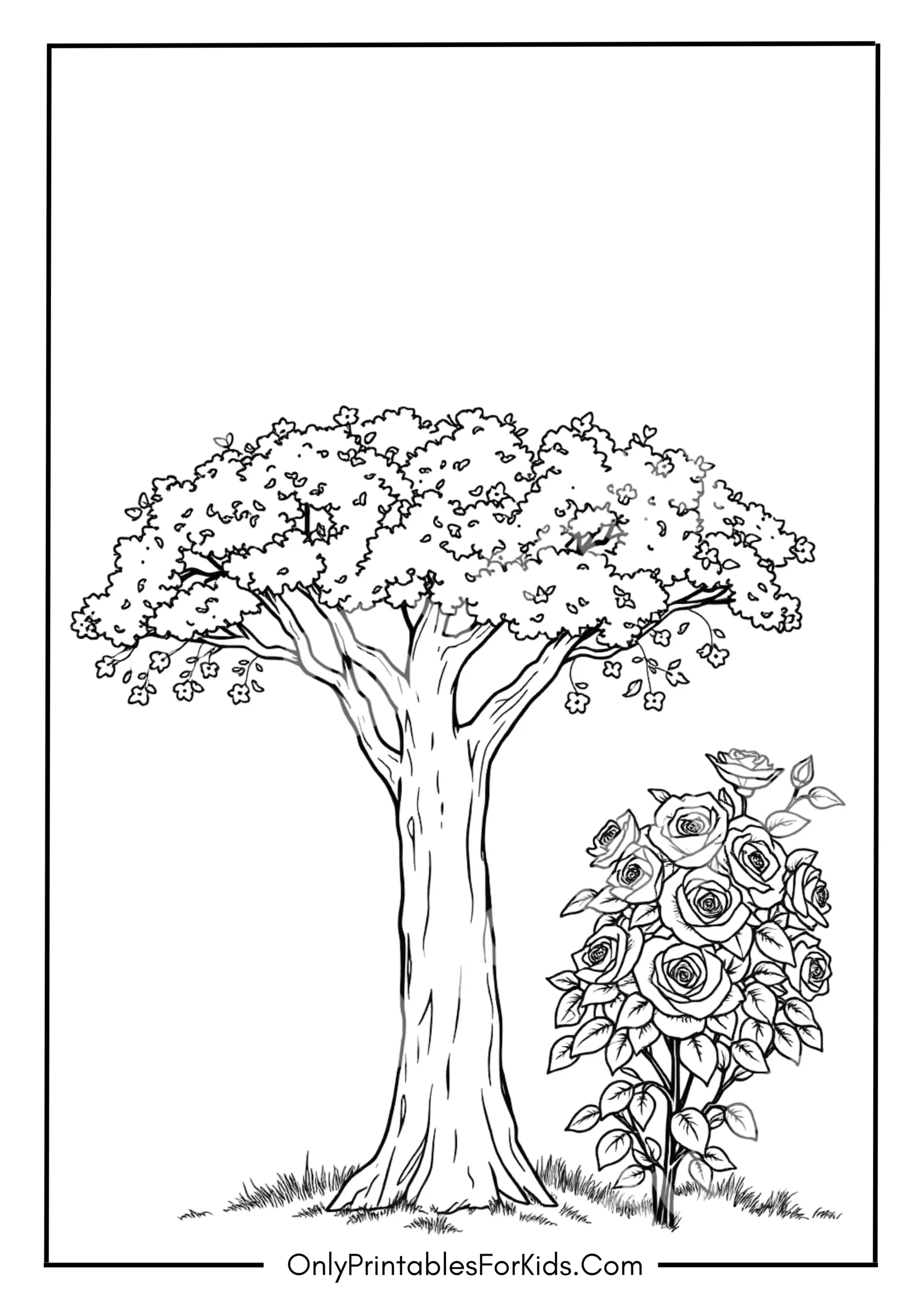 A Rose Bush Growing Beside an Old Tree