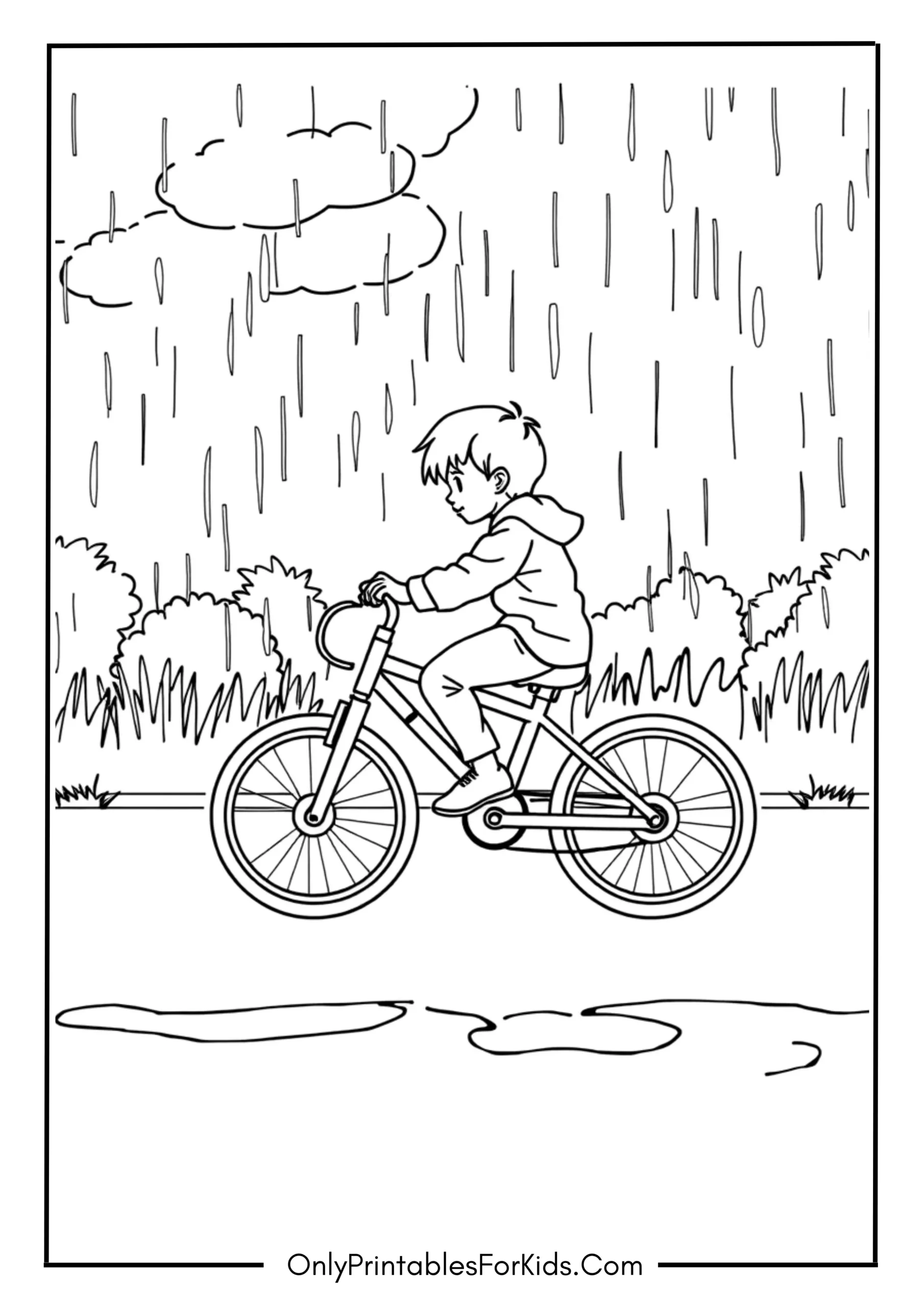 Child Riding a Bike in Light Rain