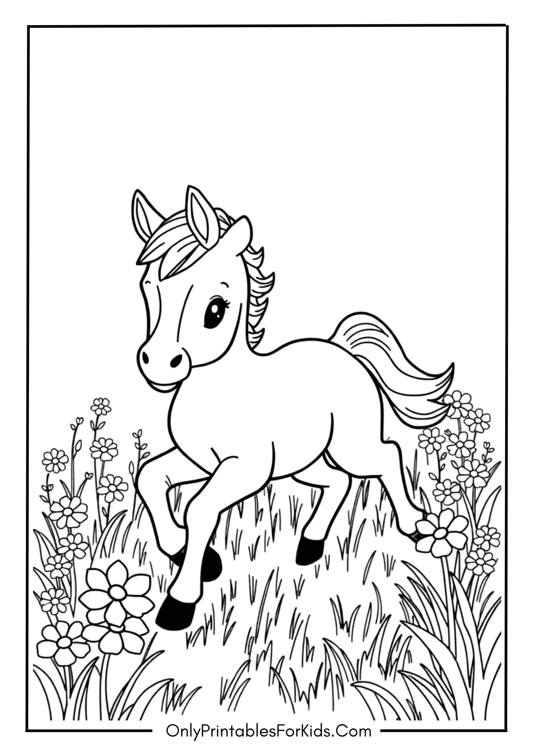 Cute Foal Playing in a Flower Field