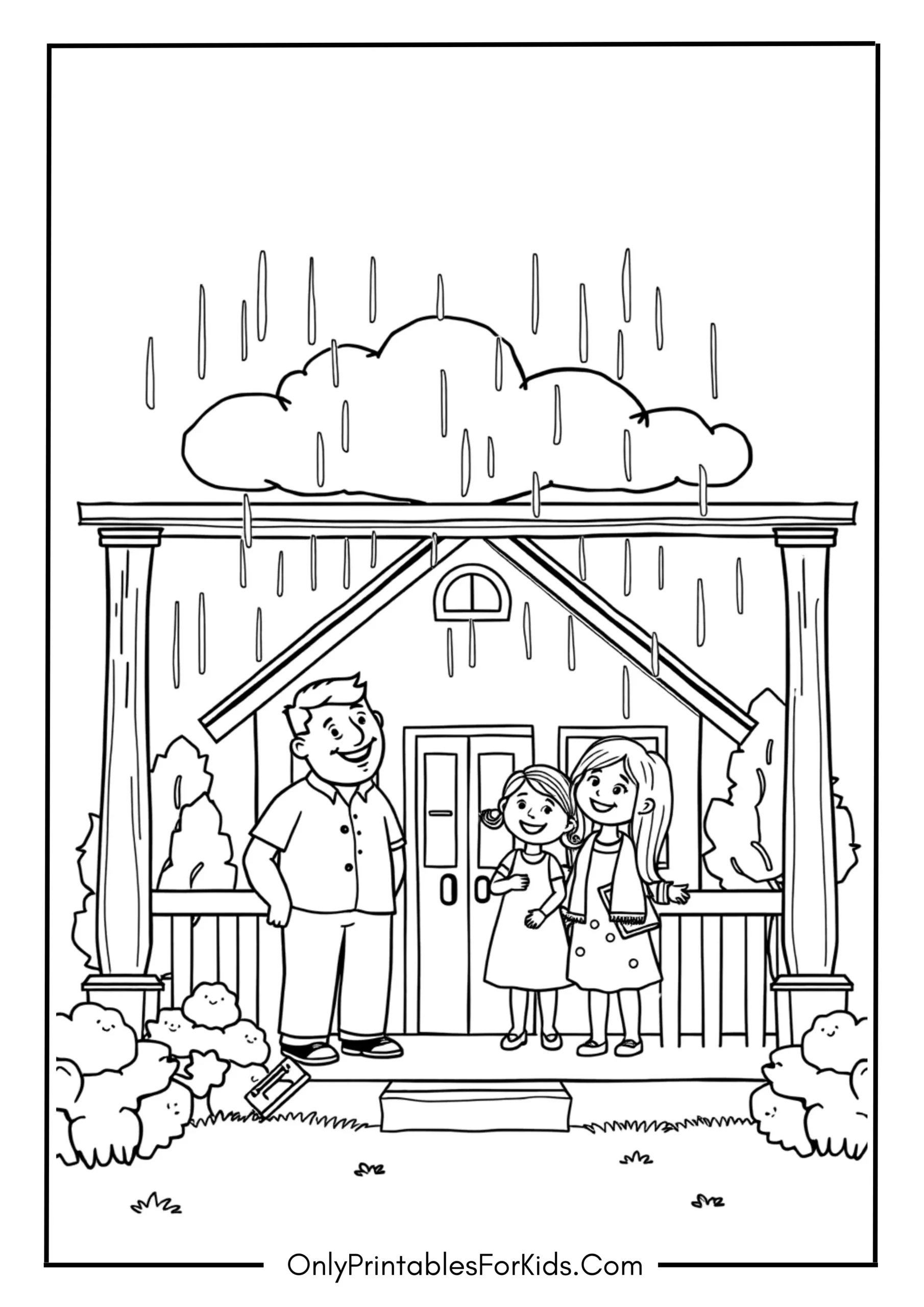 Family Watching Rain from the Porch