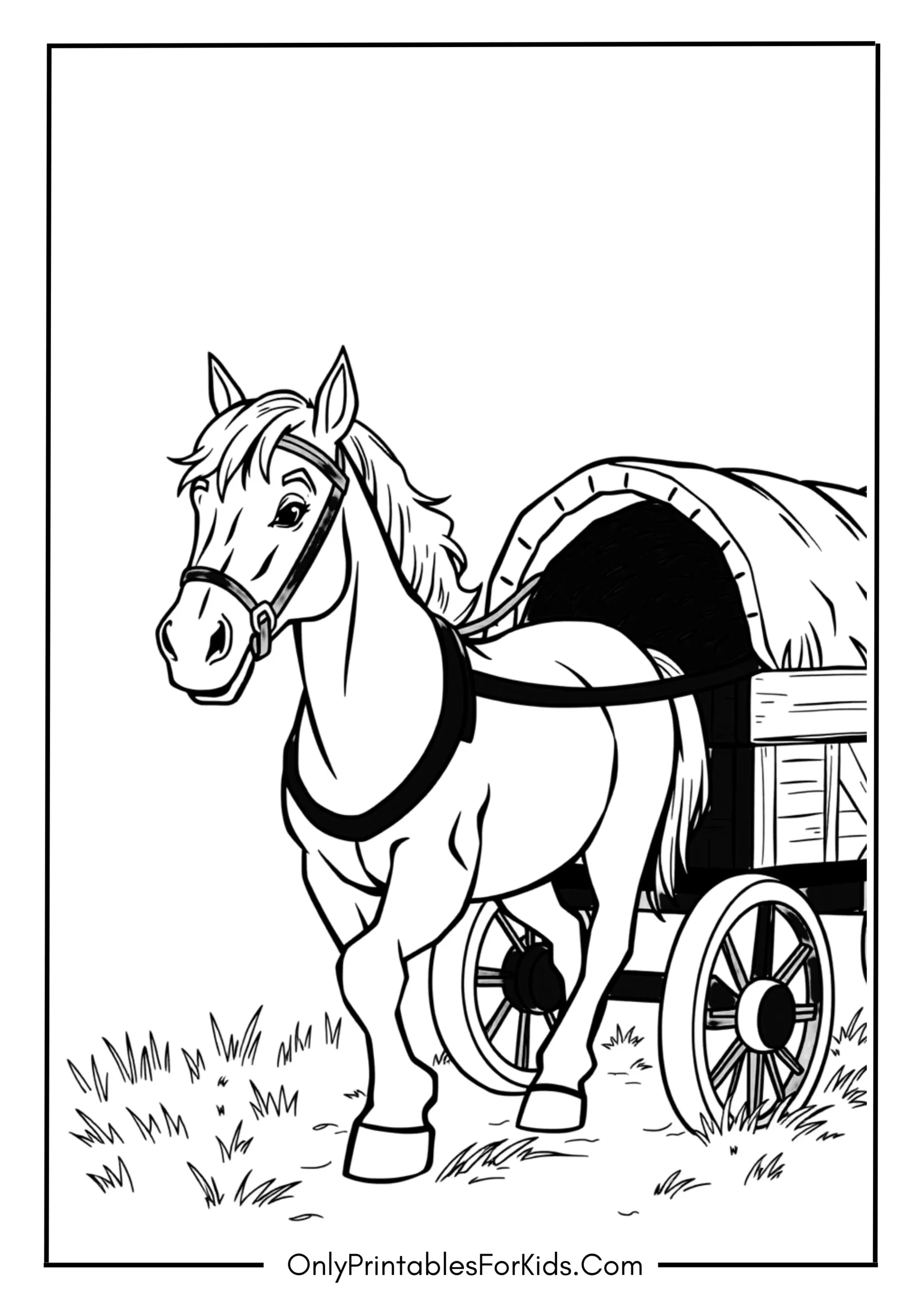 Farm Horse Pulling a Wagon of Hay