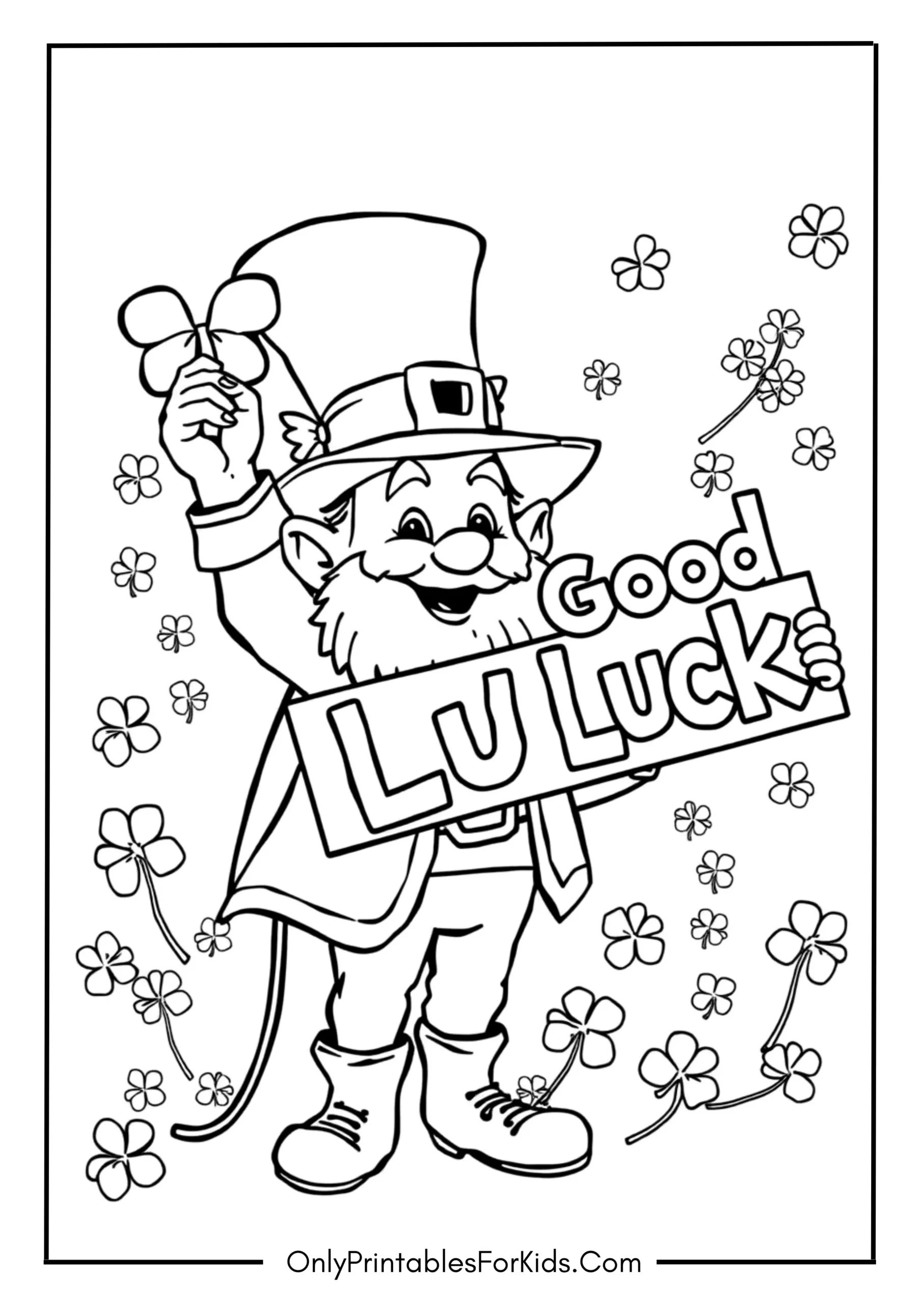 Free St. Patrick’s Day Coloring Pages for Kids 5 Leprechaun Holding a Lucky Sign