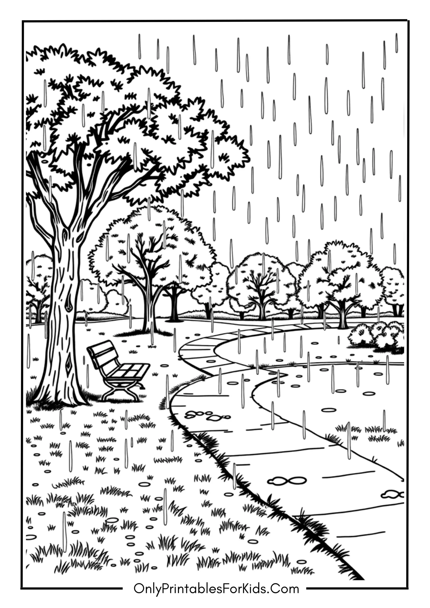 Park Scene with Drizzling Rain