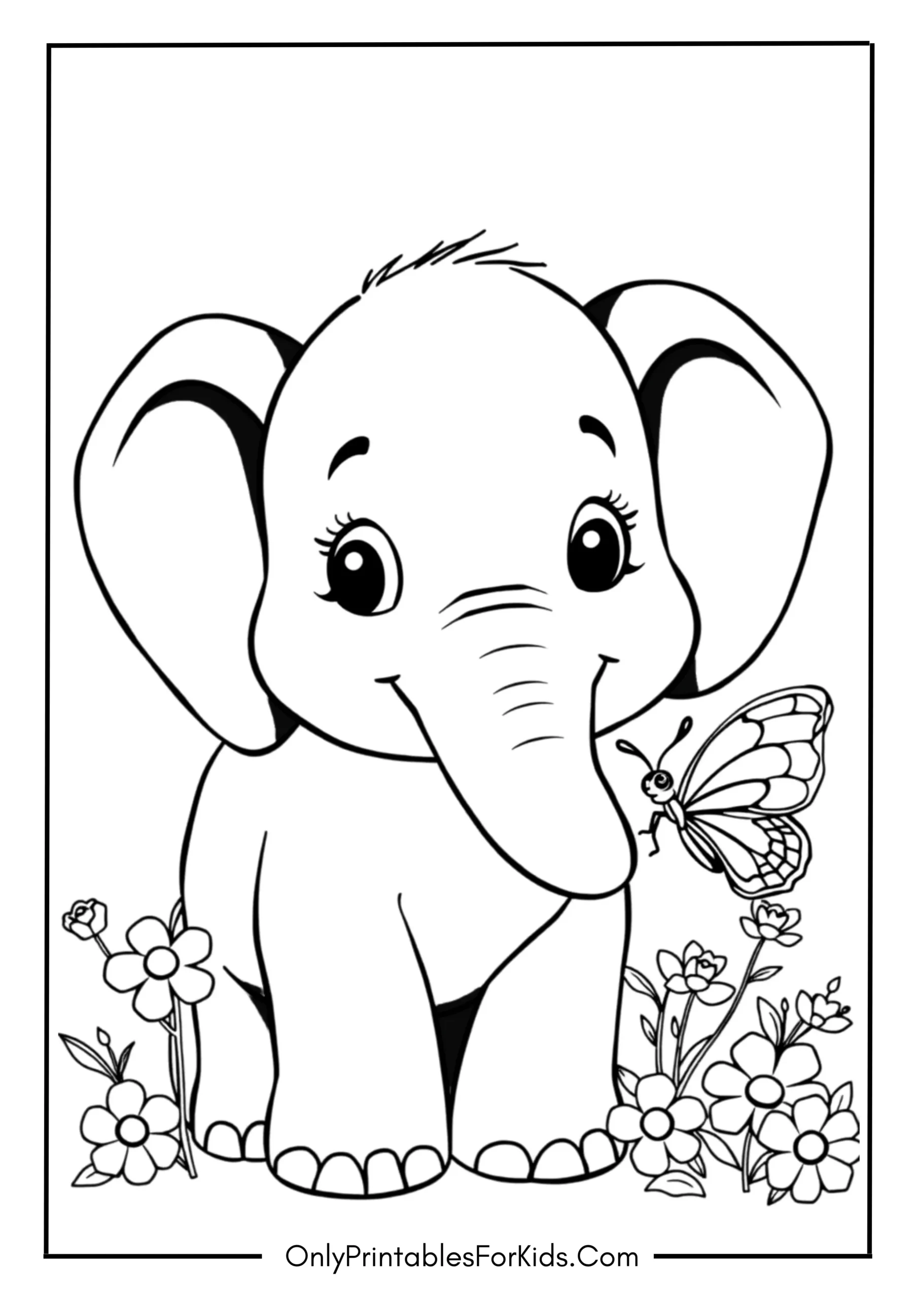 Smiling Elephant With A Butterfly