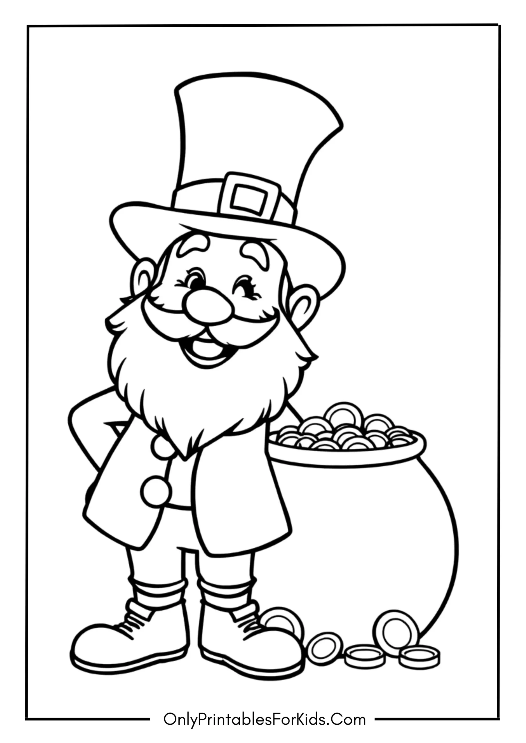 Free St. Patrick’s Day Coloring Pages for Kids 2 Smiling Leprechaun with Gold Coins