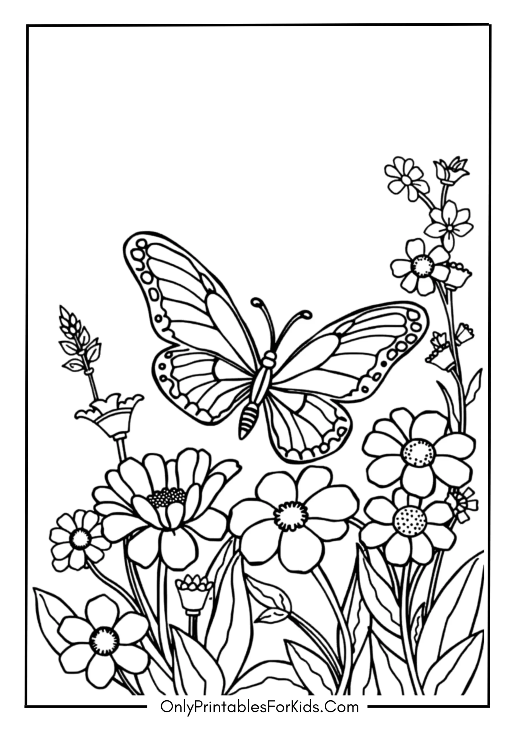 Butterfly and Flowers Coloring Page