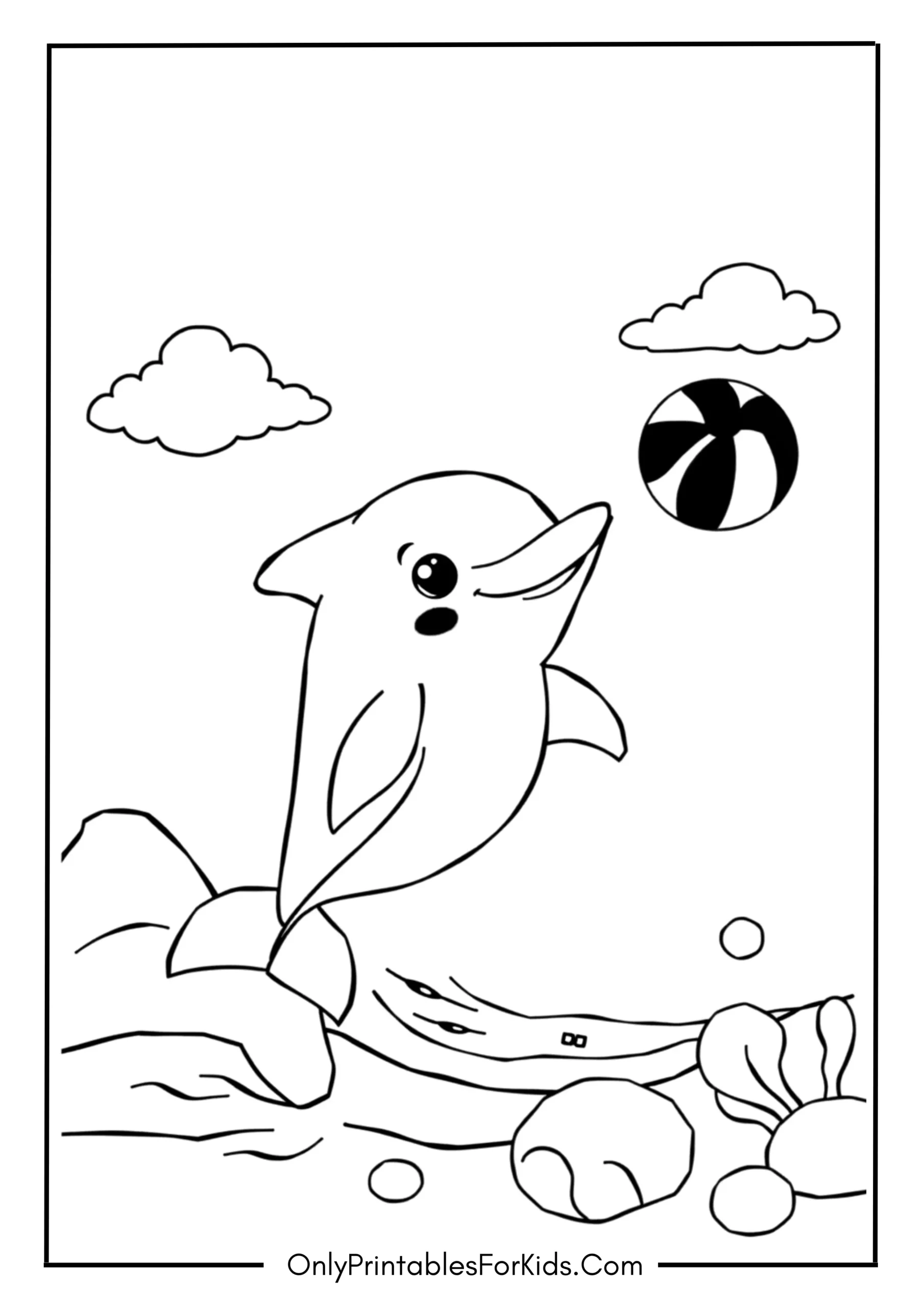 Cartoon Dolphin Playing with a Rainbow Beach Ball