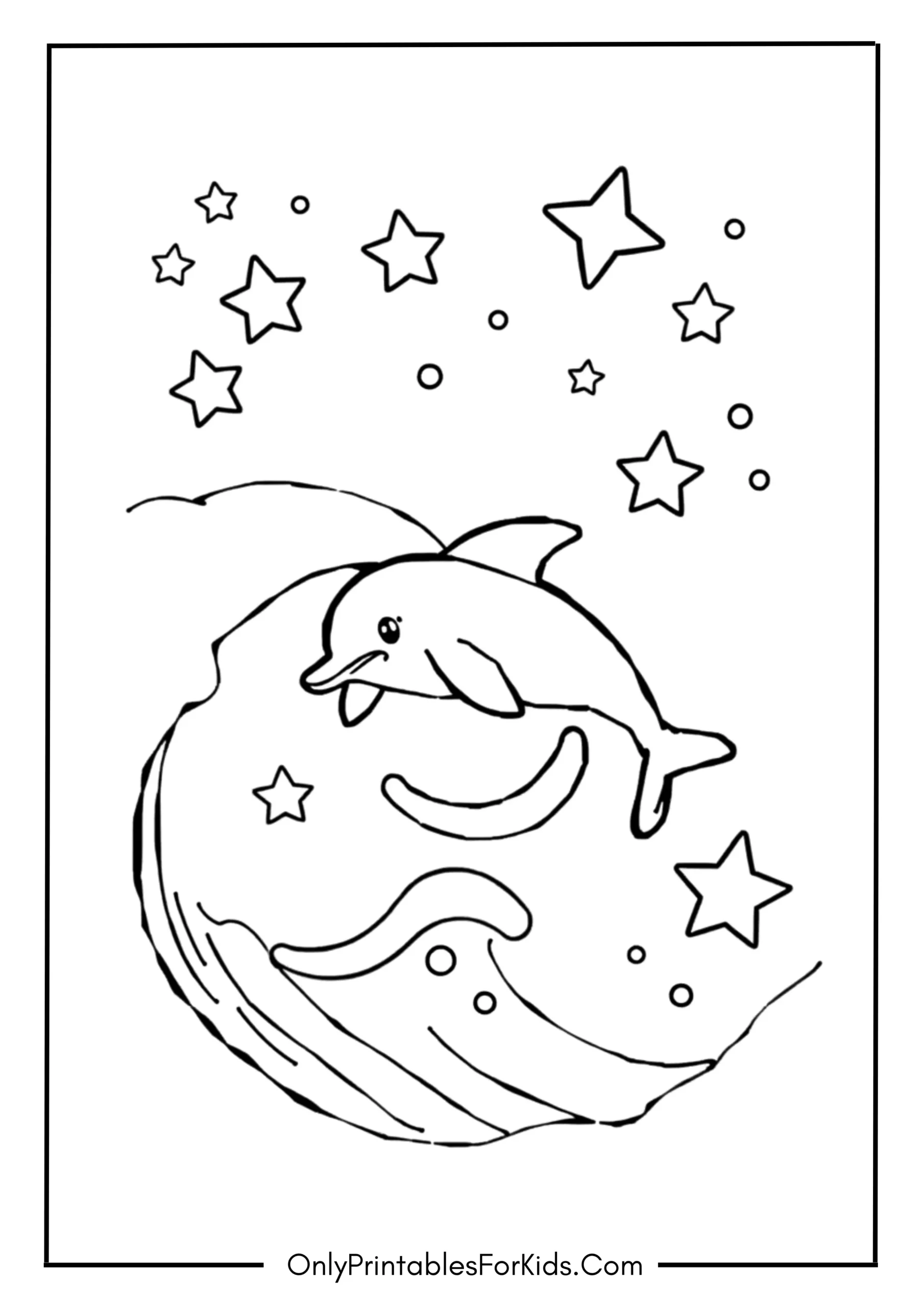Cartoon Dolphin Riding a Wave of Stars