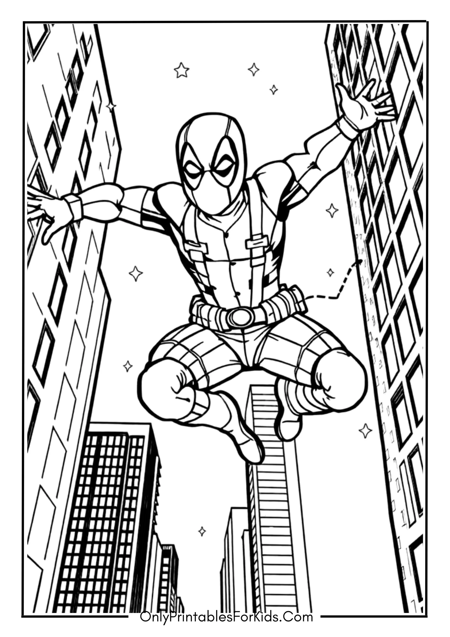 Deadpool Jumping Across Rooftops Coloring Page