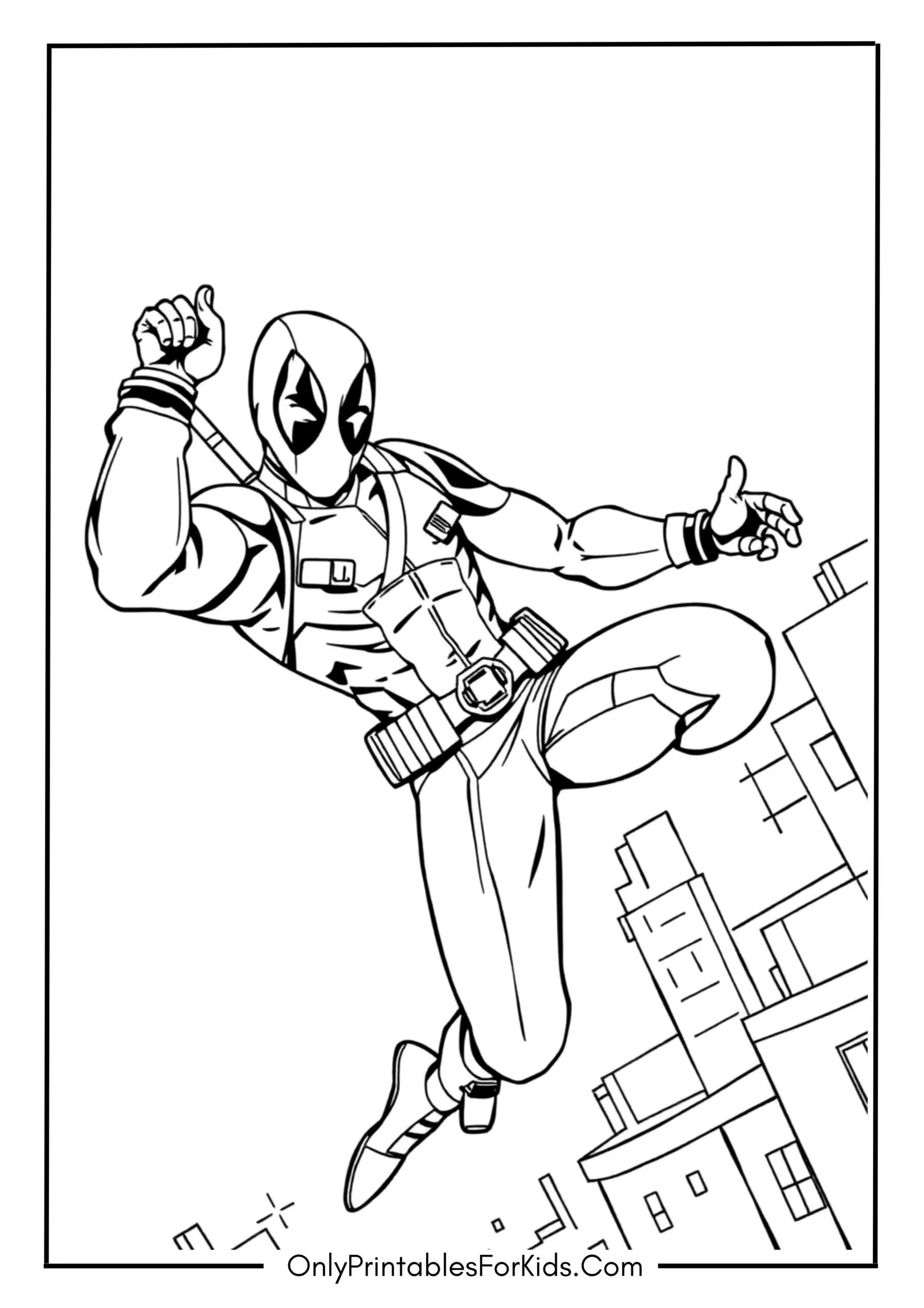 Deadpool in Mid-Air Attack Coloring Page
