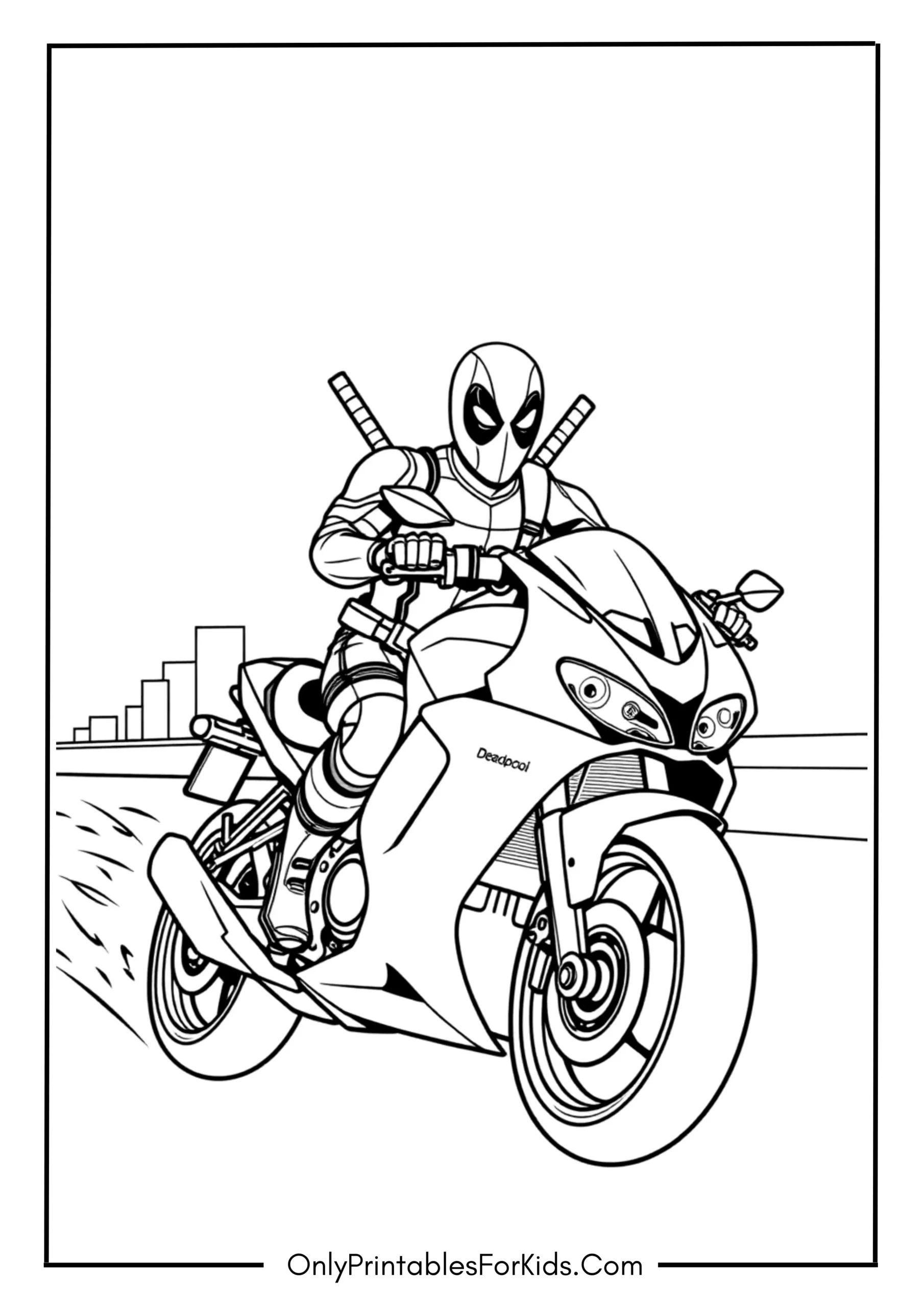 Deadpool on Motorcycle Coloring Page