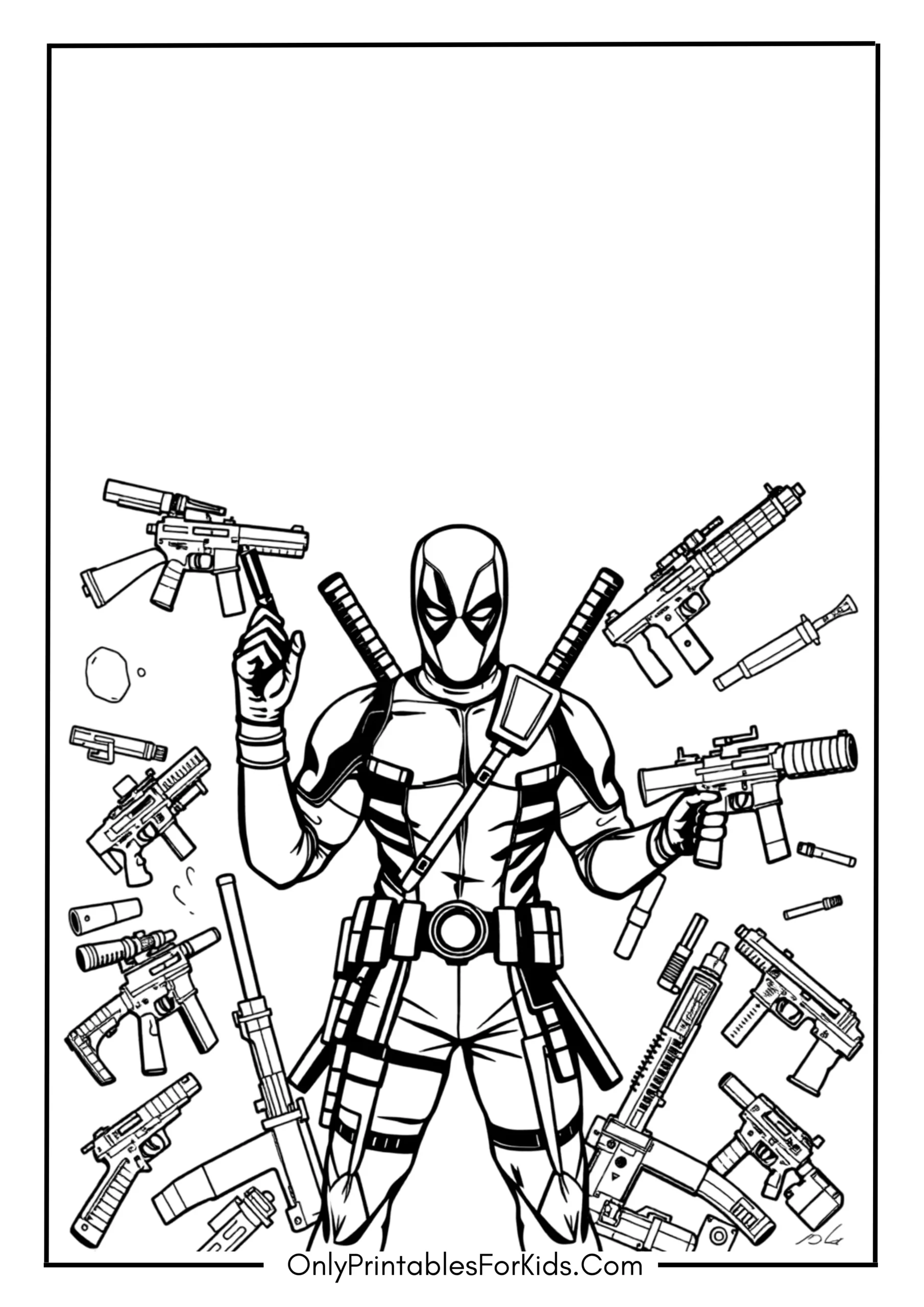 Deadpool with Weapons Arsenal Coloring Page