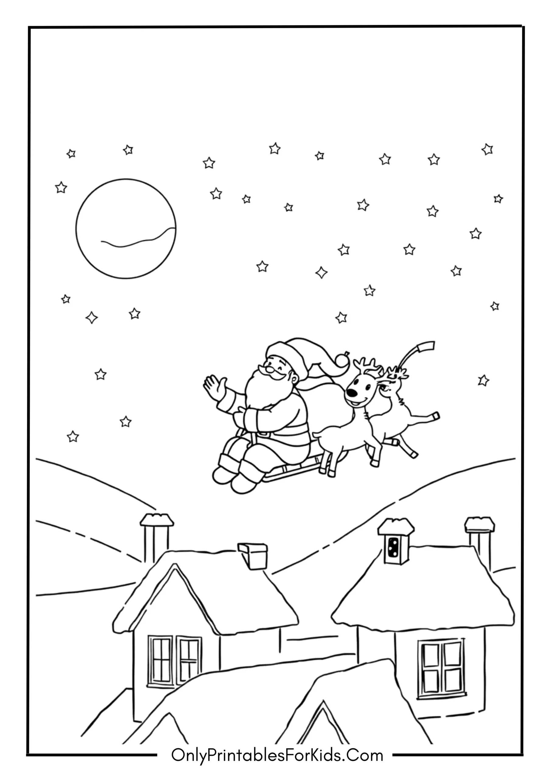 Flying Santa and Reindeer Coloring Page