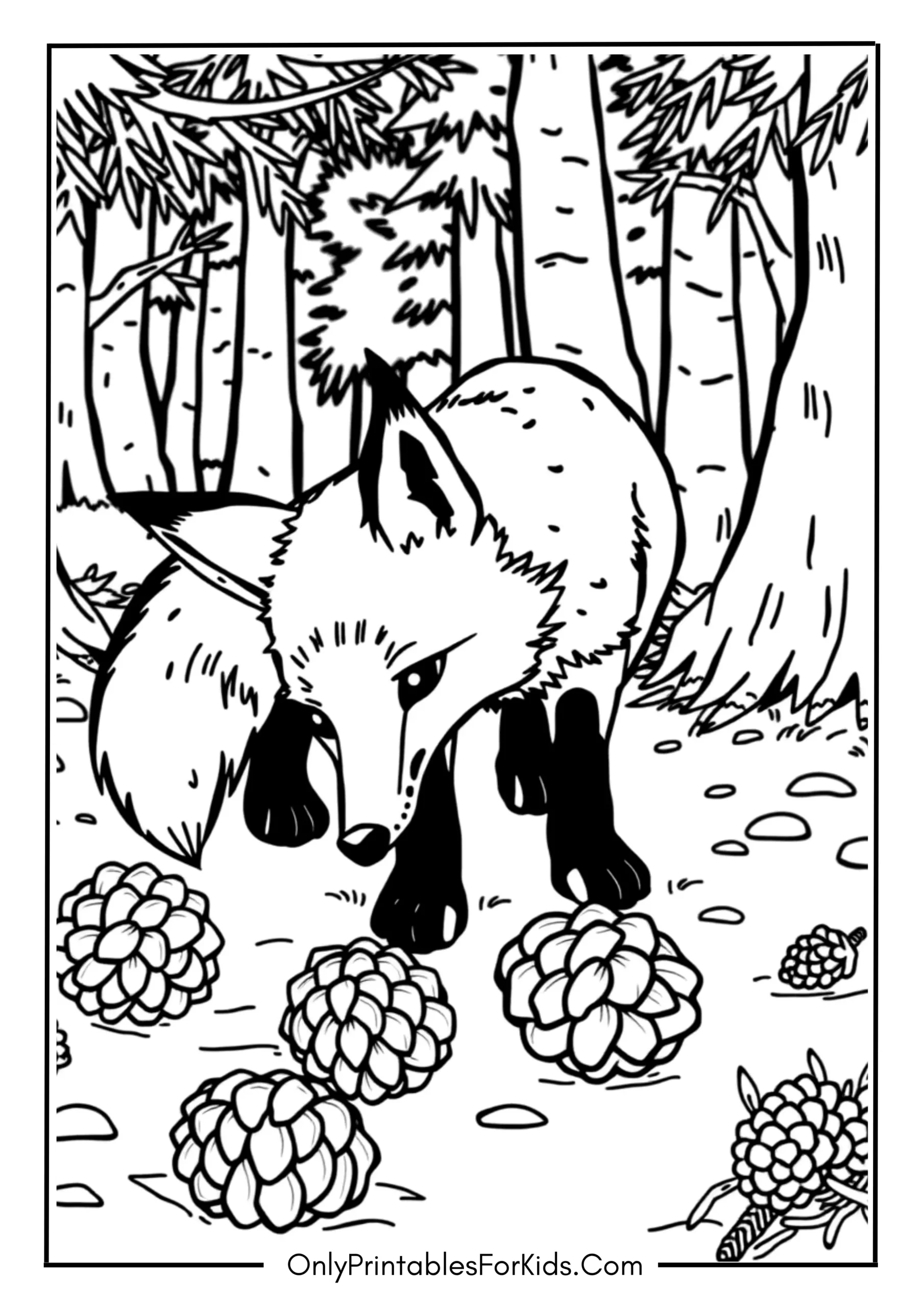 Fox Sniffing Fallen Pine Cones