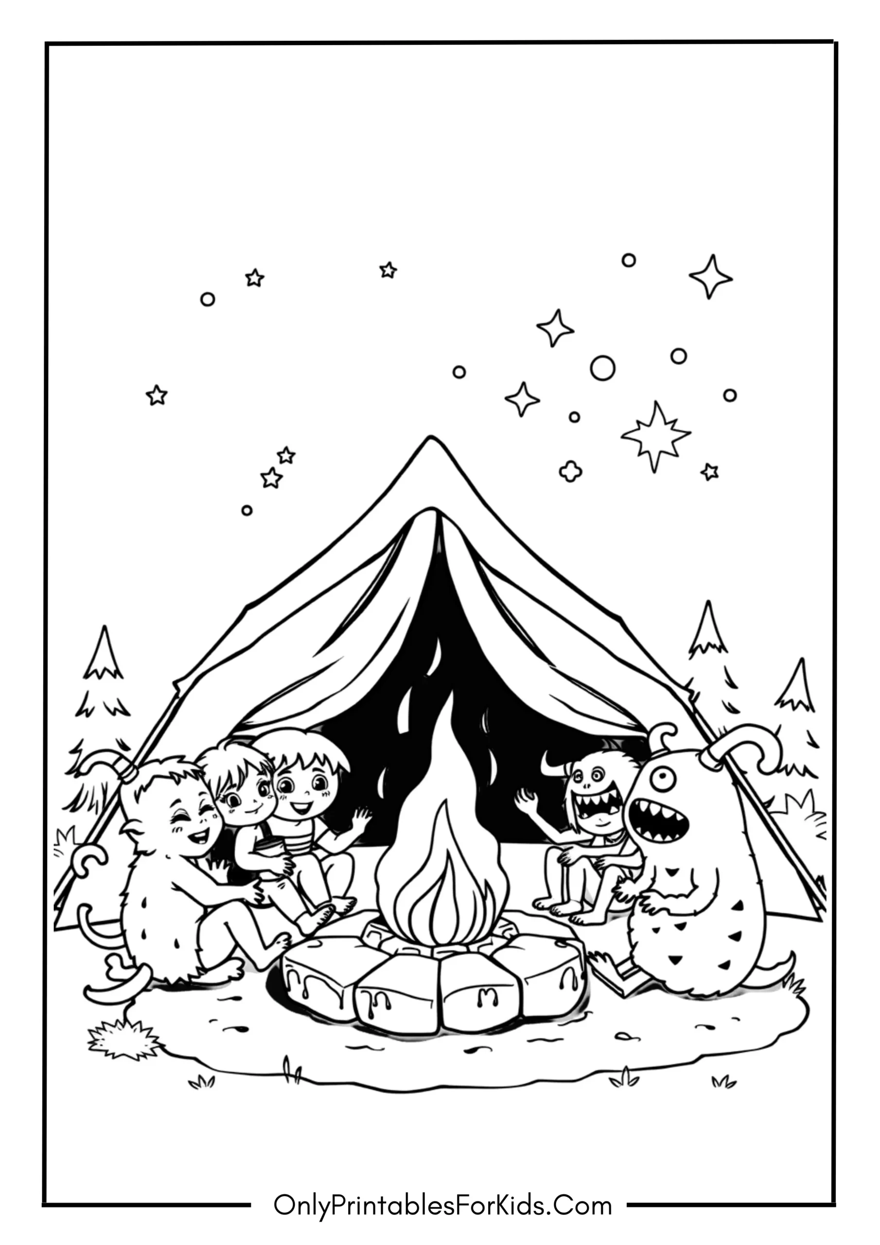 Kids Camping with Friendly Monsters
